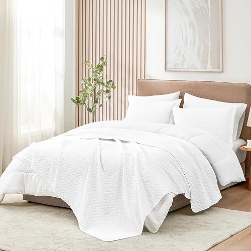 Vista 170 de Hansleep - Edredón blanco tamaño Queen – Colcha barroca ultrasónica para todas las estaciones, juego de ropa de cama suave y ligero, 3 piezas
