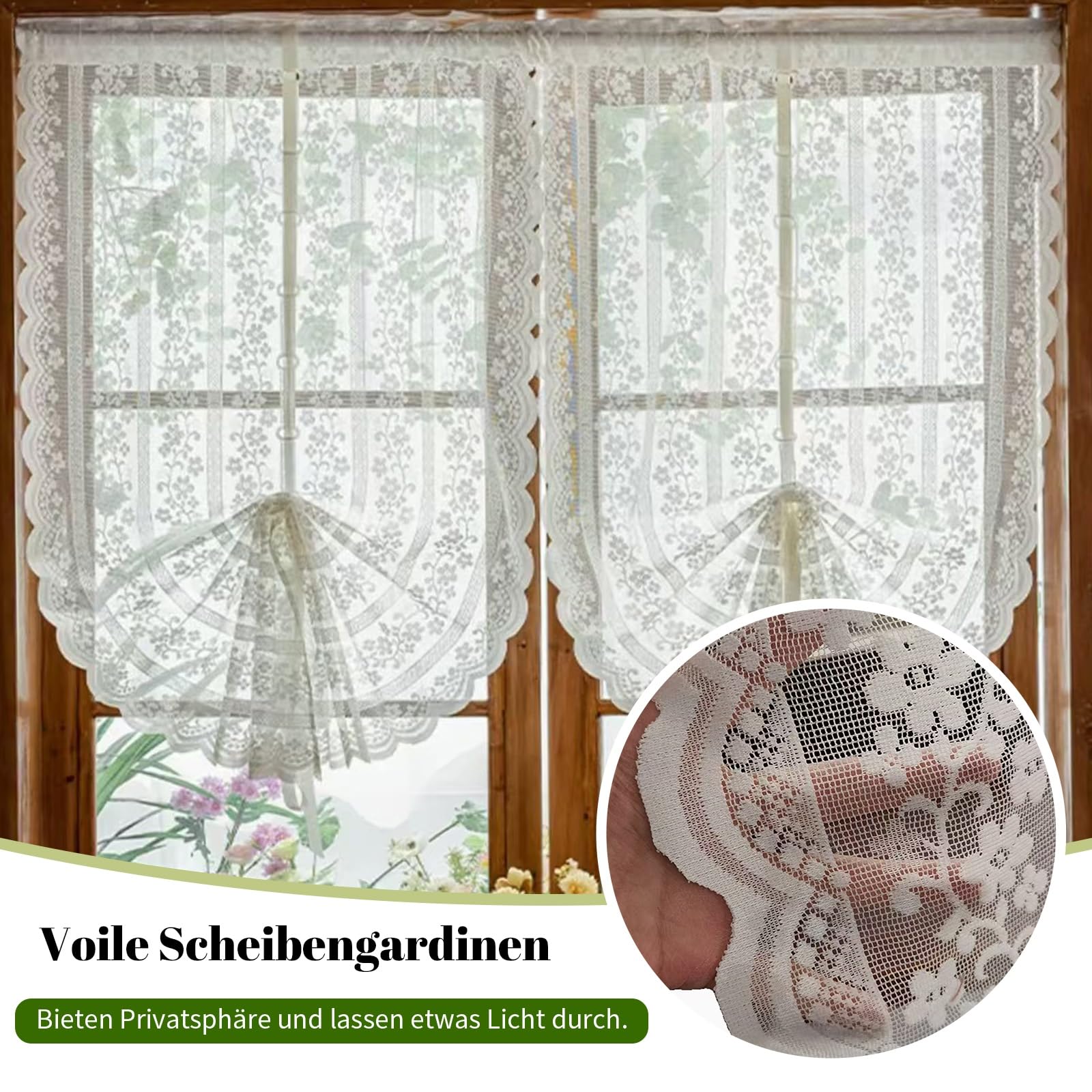 2er Gardine Scheibengardinen Voile Vorhang Gardine Transparente Spitze Blumenstickerei Kurzvorhang Kurzgardinen Küchengardine Küche Vorhang Fenster Kurz Stores Bistrogardine H150xB60cm, Weiß