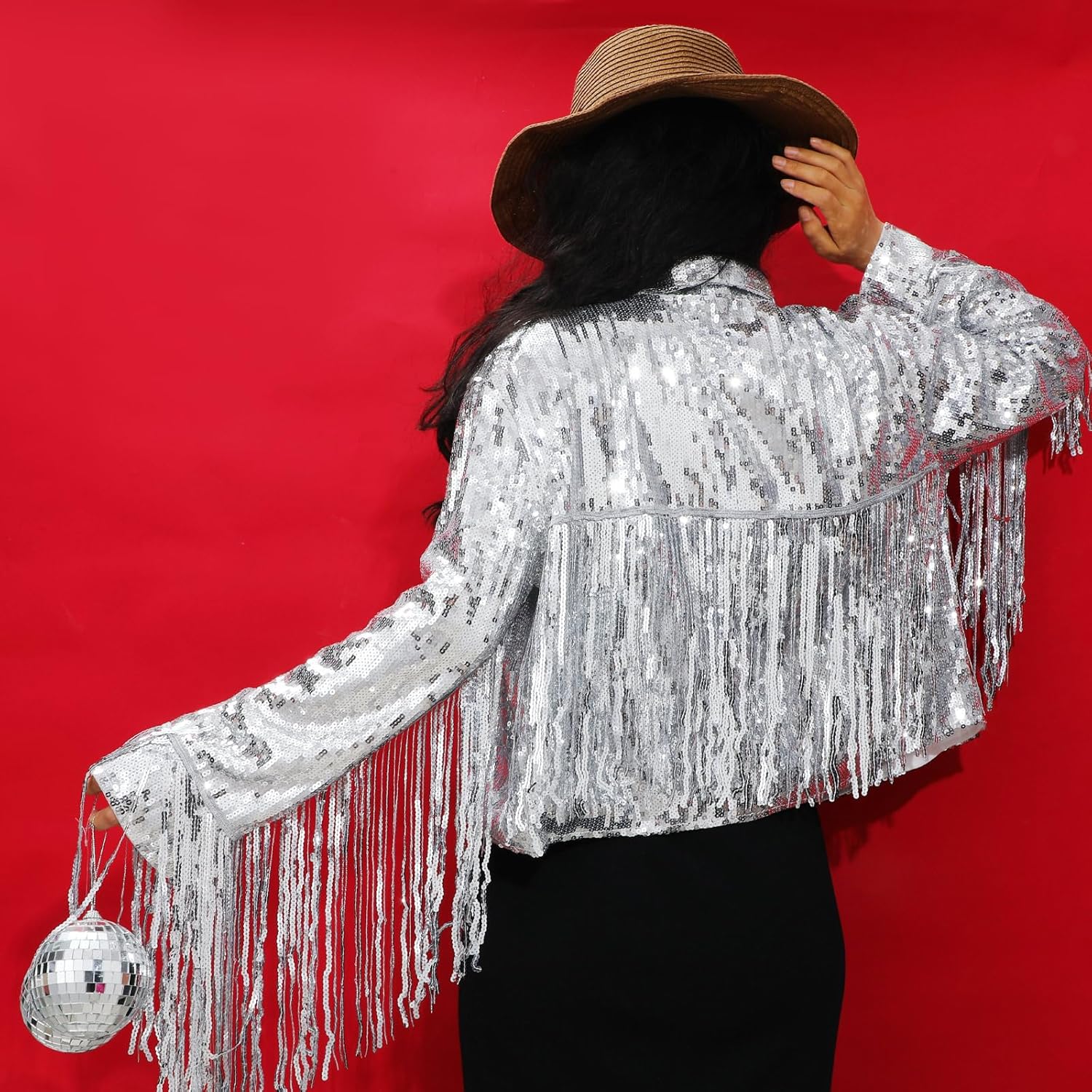 Toulite Women's Sequin Fringe Jacket Disco Theme Star Tassel Earrings Costume Accessory Silver Glitter Sequin Jacket Crystal Waterfall Fringe Earrings Y2k 90s Streetwear for Western Concert - Image 7