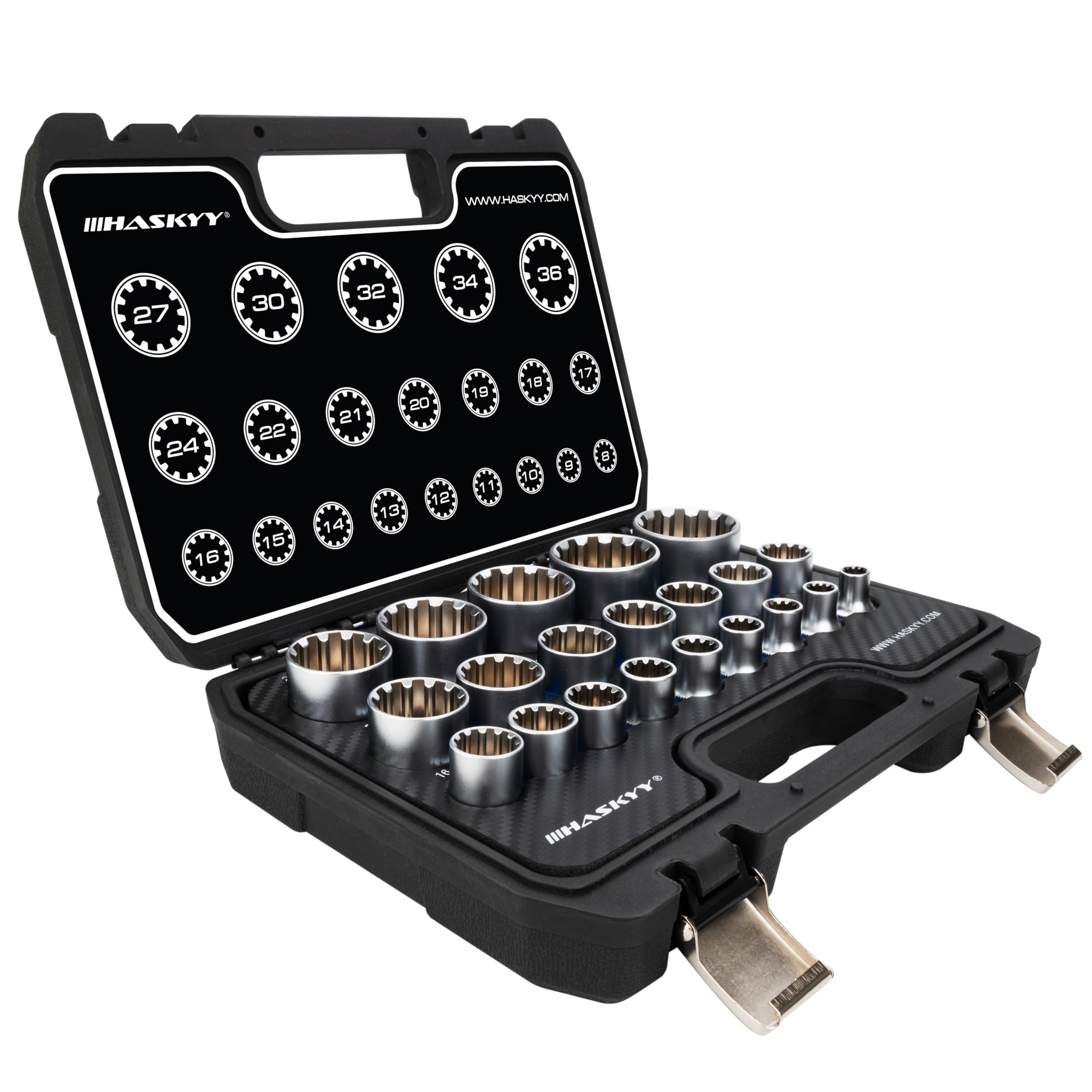 HASKYY Jeu de clés à douille à denture multiple Douilles 1/2" XZN Écrou 21 pcs. Jeu d'outils 8-36mm Denture multiple extérieure 12 pans - 6 pans