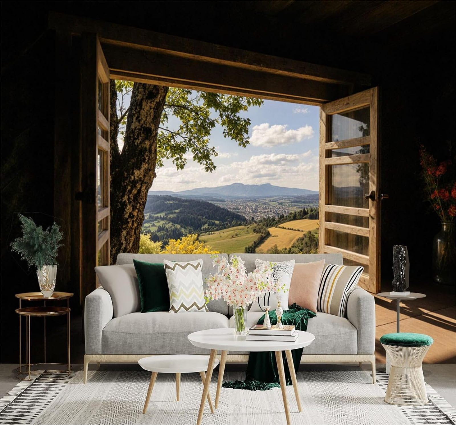 Xlming 300Cm×210Cm(B×H) Three Dimensional Wooden Door Green Valley Blue Sky Picturesque Mountain Scenery 3D Wallpaper Premium Textured Silk Study Dining Living Room Bedroom Sofa Tv Wall Easy Install-300Cm×210Cm