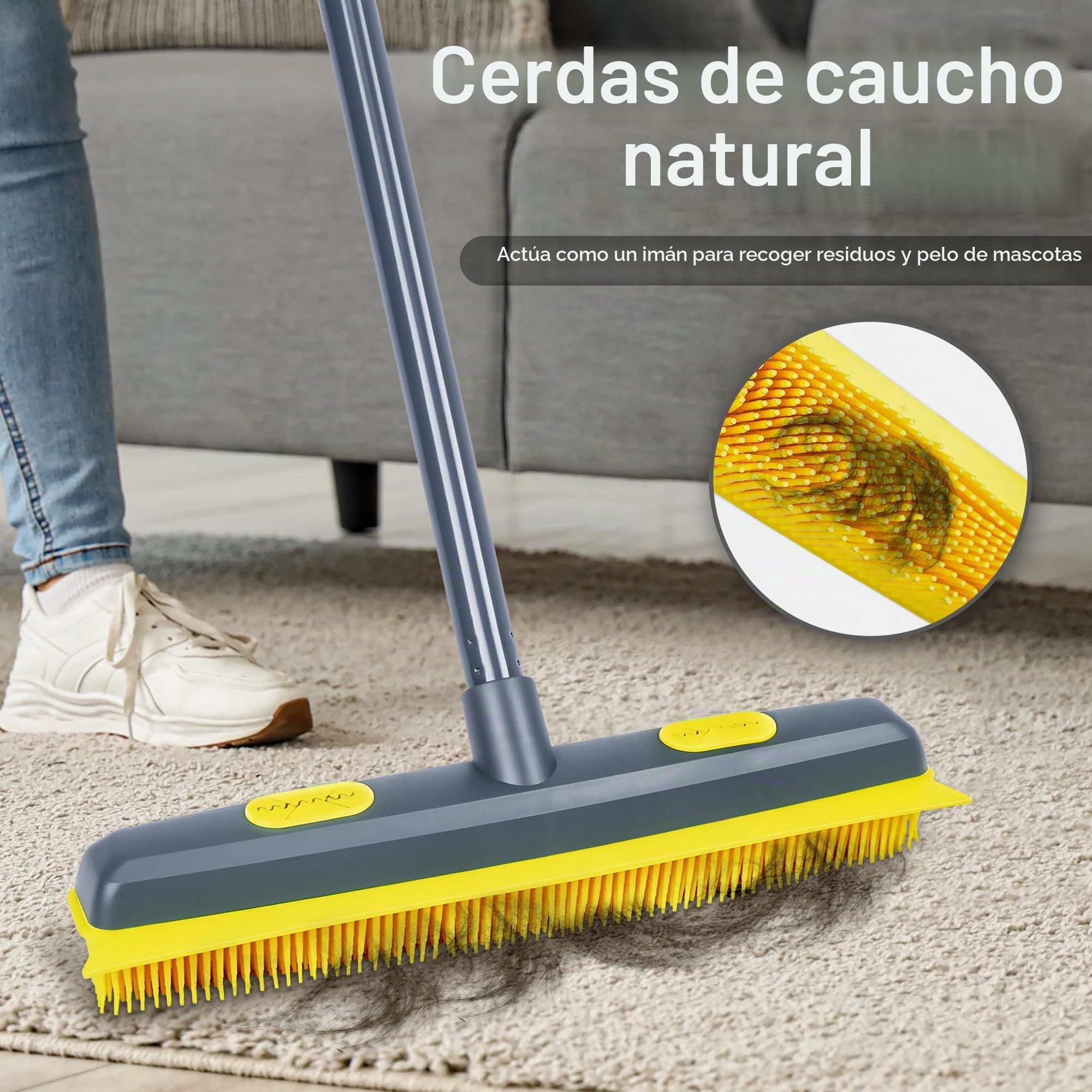 NEWE Escoba de Goma con Removedor de Pelusa Portátil y Rascador Silicona para, 146 cm Mango Cepillo Rastrillo para Limpiar Alfombras, Ventanas, Azulejos