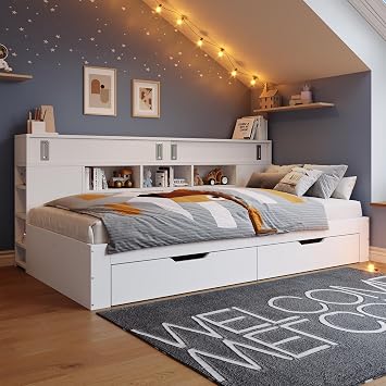 Day Bed with 2 Storage Drawer, 4ft6 Storage Bed with Open Shelving, Wooden Slats, Double Bed for Living Room Bedroom, White, 135x190 cm (No Mattress)