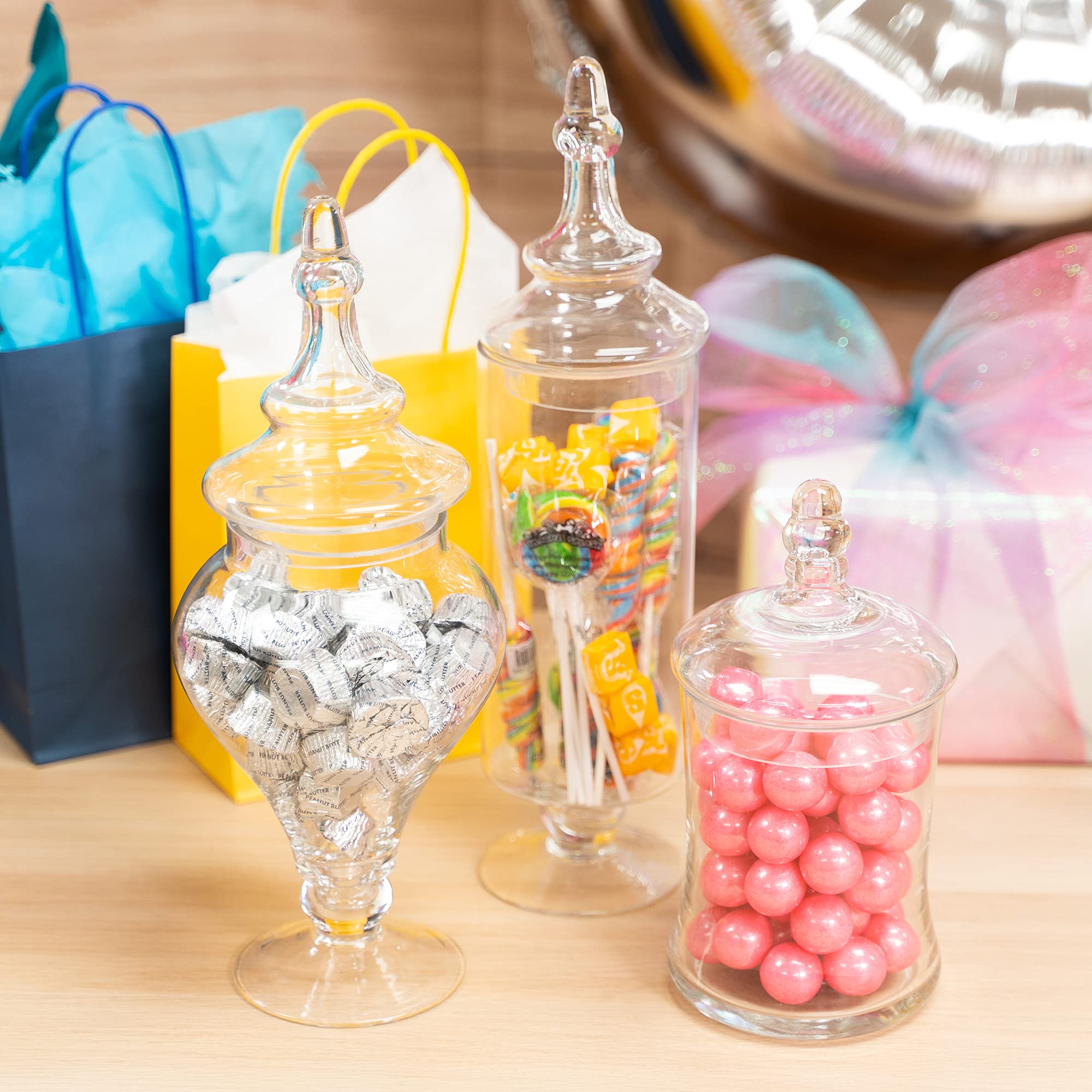 Simply Elegant Juego de 3 tarros de cristal transparente con tapas, juego de almacenamiento, contenedor decorativo para bodas y dulces, regalo de inauguración de la casa.