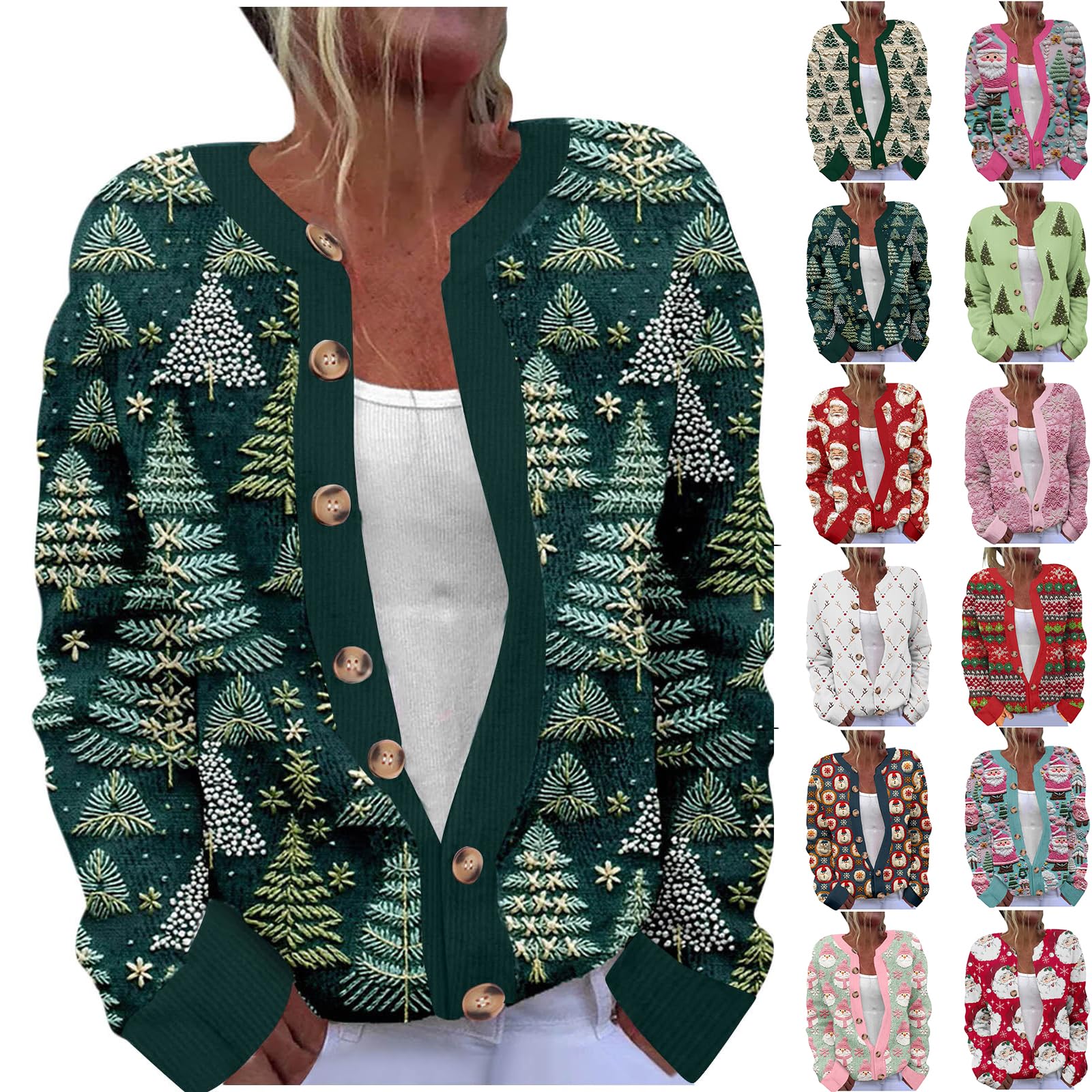 Ugly Christmas Sweater Women Plus Size Open Front Button Up Sweater Cardigans Vintage Funny Santa Xmas Knit Outfits