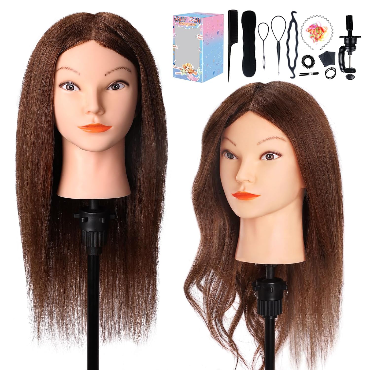 Mannequin Head with 100% Real Hair, Cenoz 18" Hairdresser Cosmetology Training Head with Stand and Tool, Manikin Training Practice Head, Doll Head for Hair Styling (Dark brown)