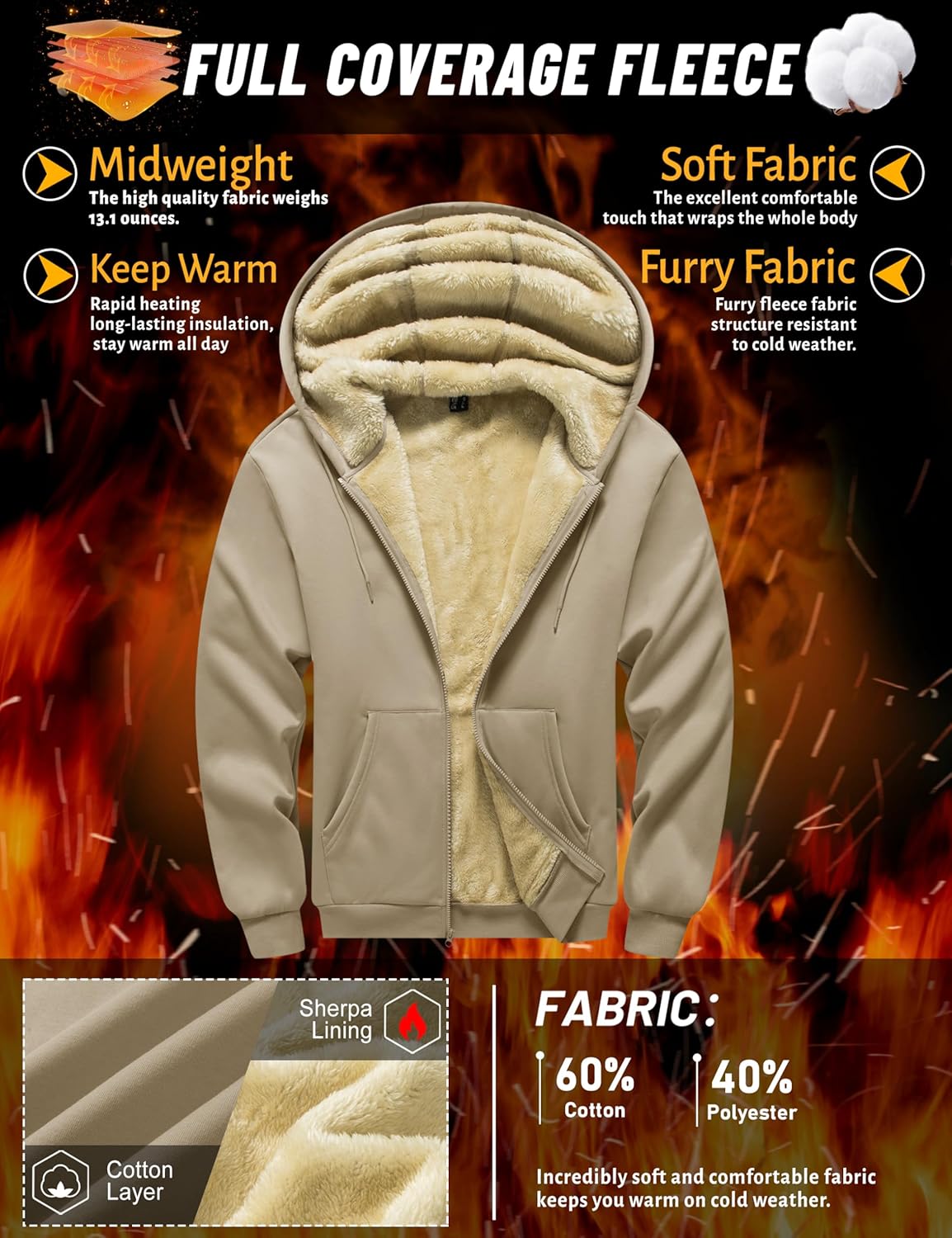TACVASEN Men's Sherpa Lined Hoodie Full Zip Up Midweight Sweatshirt Warm Thick Fleece Cotton Winter Jacket - Image 2