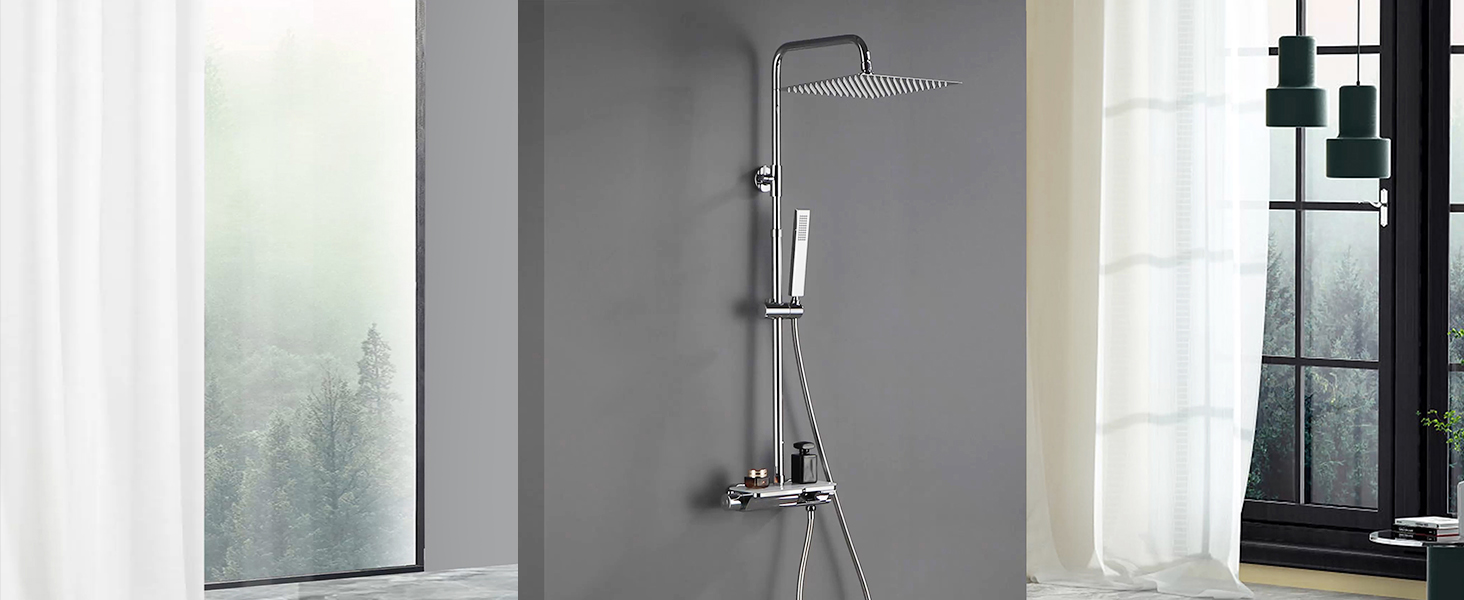 Colonne De Douche Görbach Avec Mitigeur Thermostatique - Acier Inoxydable, Carrée, Chromée - Douchette Et Pommeau, Barre 74-114cm