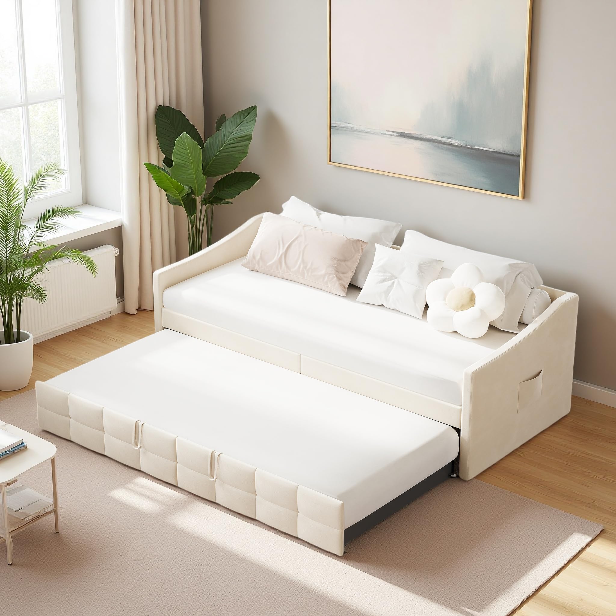 Sofá cama Convertible 90 x 200 cm con cama nido y sofá cama de 2 plazas con somier de láminas, marco de cama acolchado para adolescentes adultos, terciopelo, sin colchón (Beige 3)