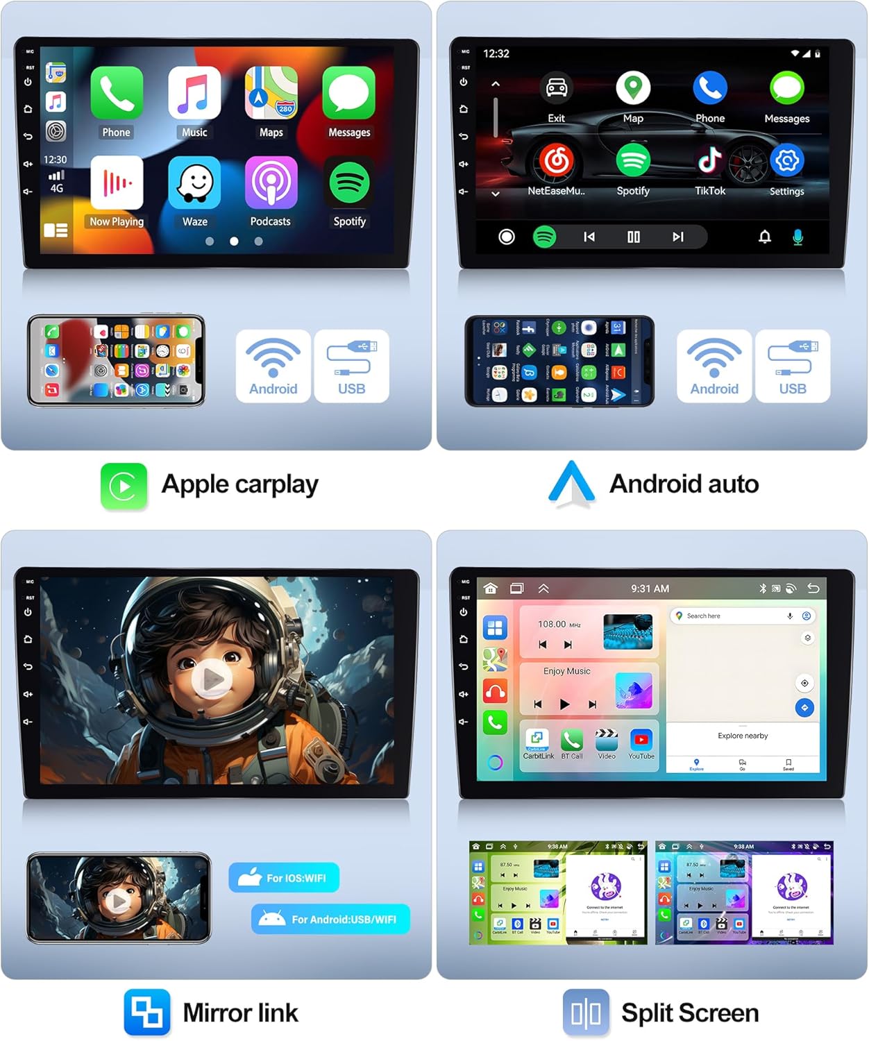 Screenshots demonstrating Wireless Carplay, Android Auto, and Mirror Link functionality with various apps and a split screen view.