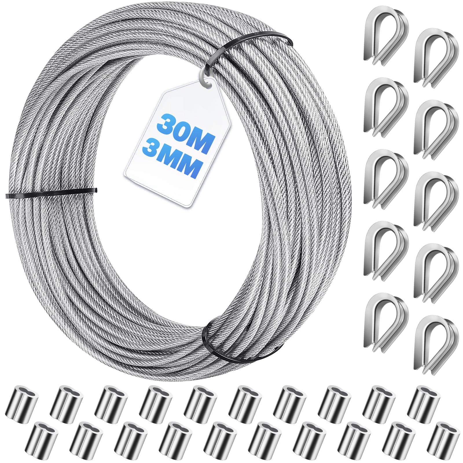 Kit de câble en acier inoxydable de 3 mm - 30 m - Avec 20 manchons de sertissage en aluminium et 10 cosses en acier pour suspendre, regrouper, bricolage, fil de jardin pour plantes grimpantes