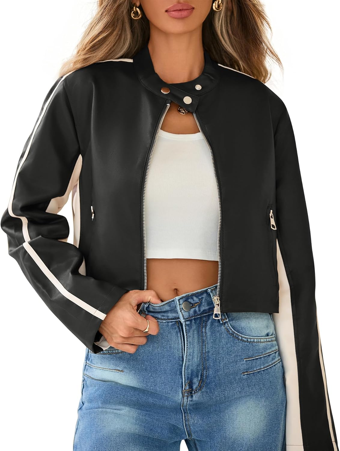 American Trends Cropped Faux Leather Jacket Women Biker Motorcycle Bomber Leather Jacket
