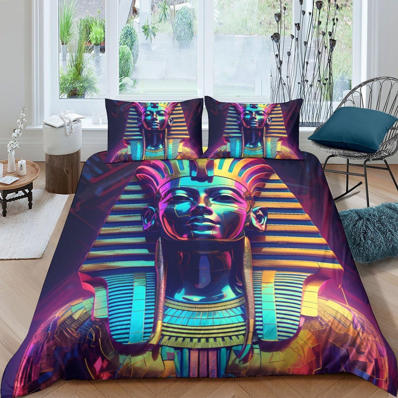Ctjqhvkz Style-8 3D Printed Egyptian Pharaoh Fitted Sheet Microfiber Soft Breathable Neon Sphinx Mattress Cover For Bedroom Decor Single（135X200cm）