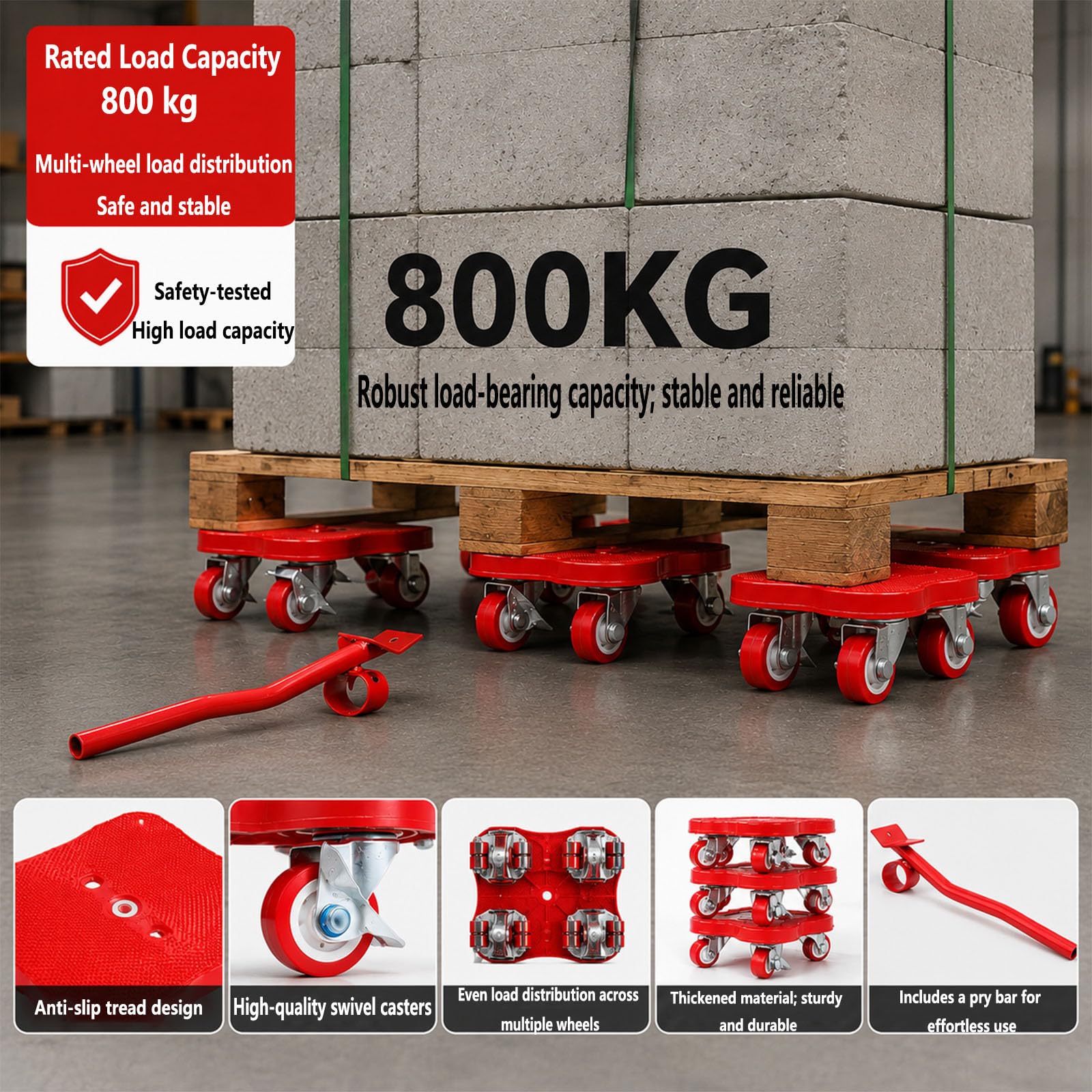 Kit Trasporto Mobili Ruote Sollevatore Carrello, Pattini Rulli per Carichi Pesanti Include Attrezzo Sollevatore 4 Basi con Ruote. Sposta Facilmente Mobili, Pianoforti E Attrezzature