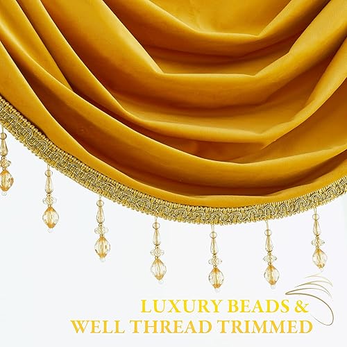 Miniatura 3 de StangH Cortinas de terciopelo con cenefa de cascada para dormitorio, cenefas de privacidad con bolsillo para barra dorada cálida con borlas de