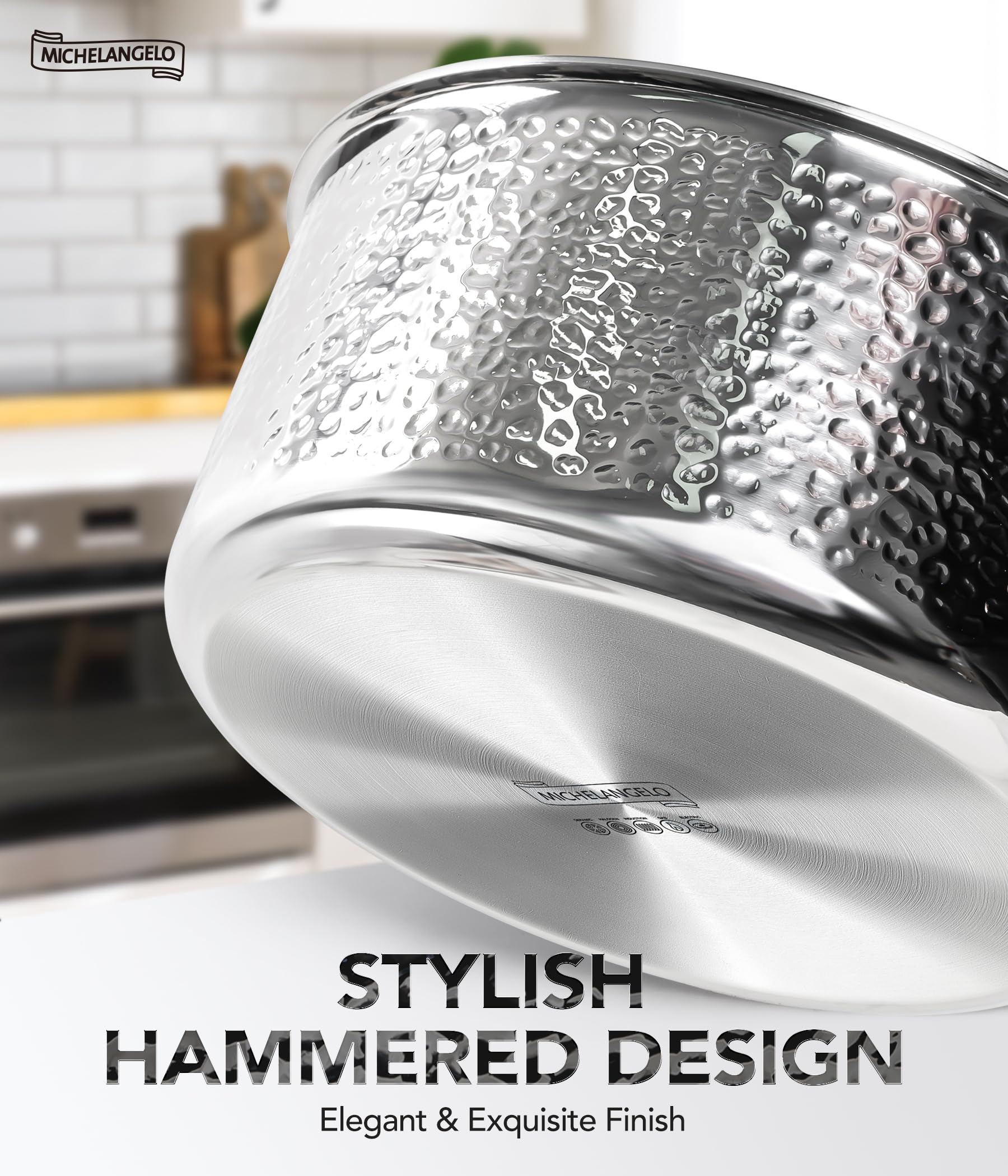 Michelangelo Triply Stainless Steel Saucepan Set, Luxury Hammered Stainless Steel Sauce Pans with Golden Handle, Premium Sauce Pot Set, Induction Compatible