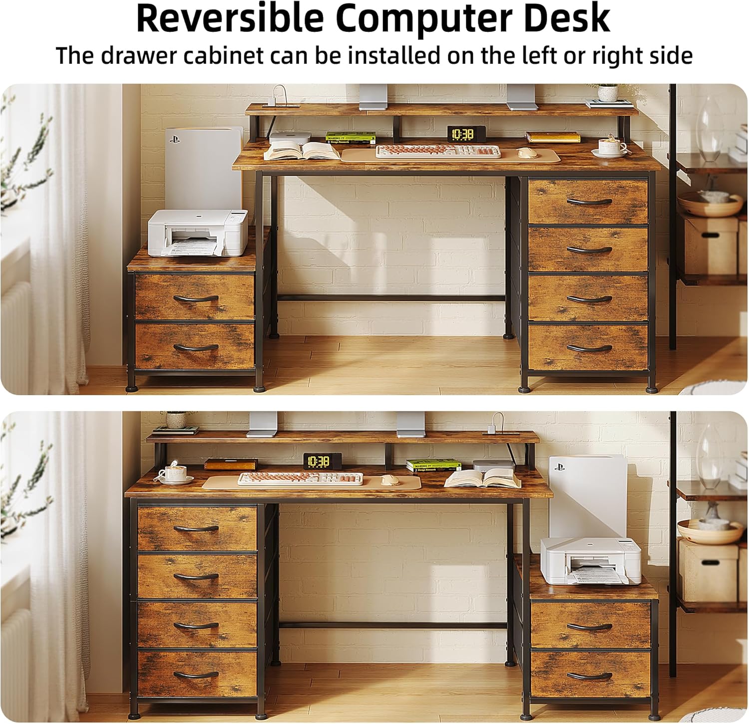 52 Inch Office Desk with 6 Drawers and Printer Space for Storage, Reversible Computer Desk with Monitor Stand & Power Outlets, Home Office Desks, Vintage