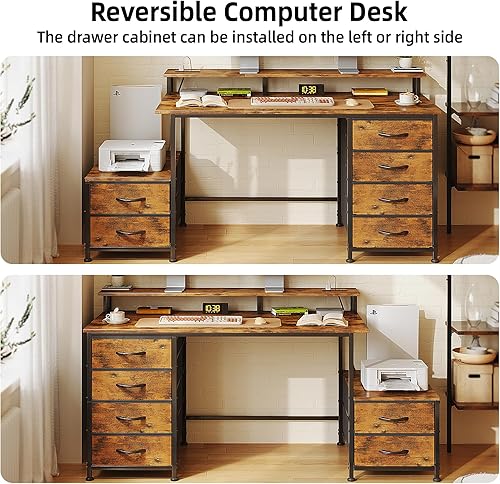 Miniatura 7 de Escritorio de oficina de 52 pulgadas con 6 cajones y espacio de impresora para almacenamiento, escritorio reversible para computadora con soporte