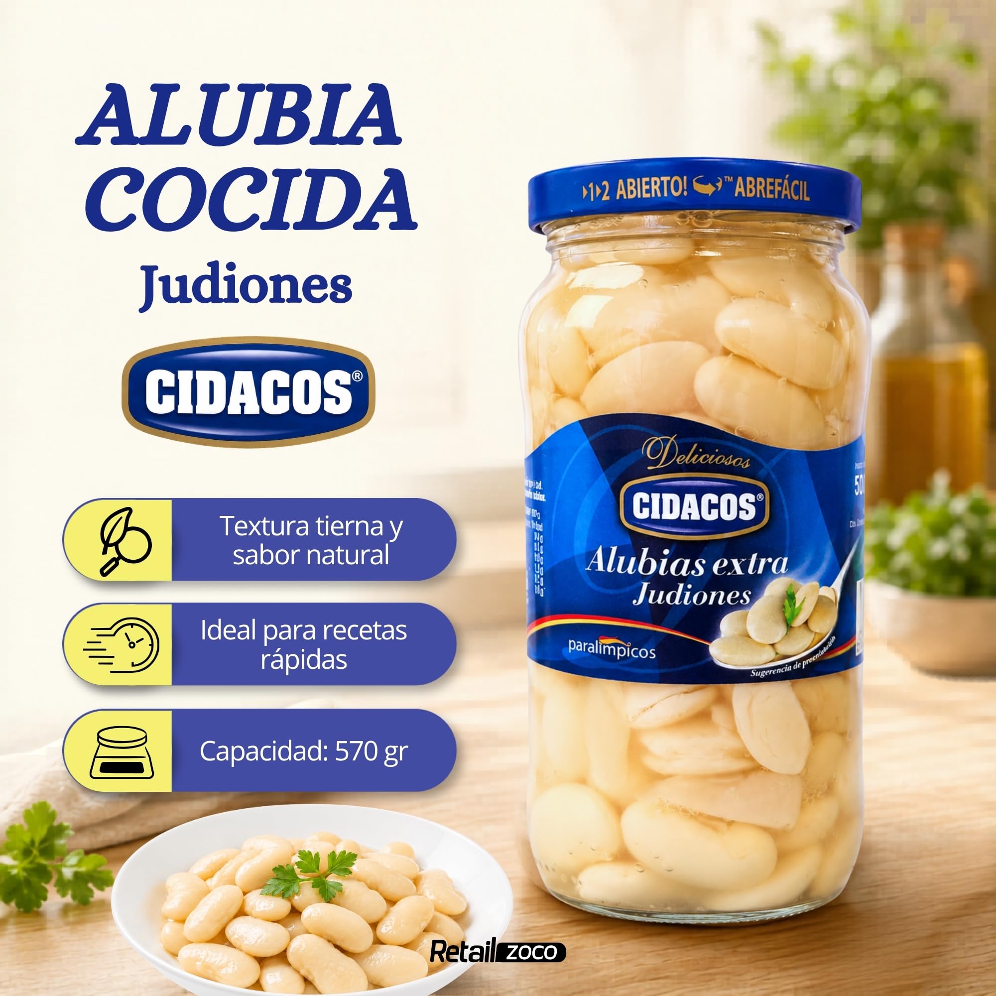Judiones Cocidos Extra, Ideal como guarnición, plato principal o en ensaladas, Conservar en lugar fresco y seco, Peso neto 570 g, Peso escurrido 400 gr, Formato tarro de cristal, 2 Unidades - imagen 2