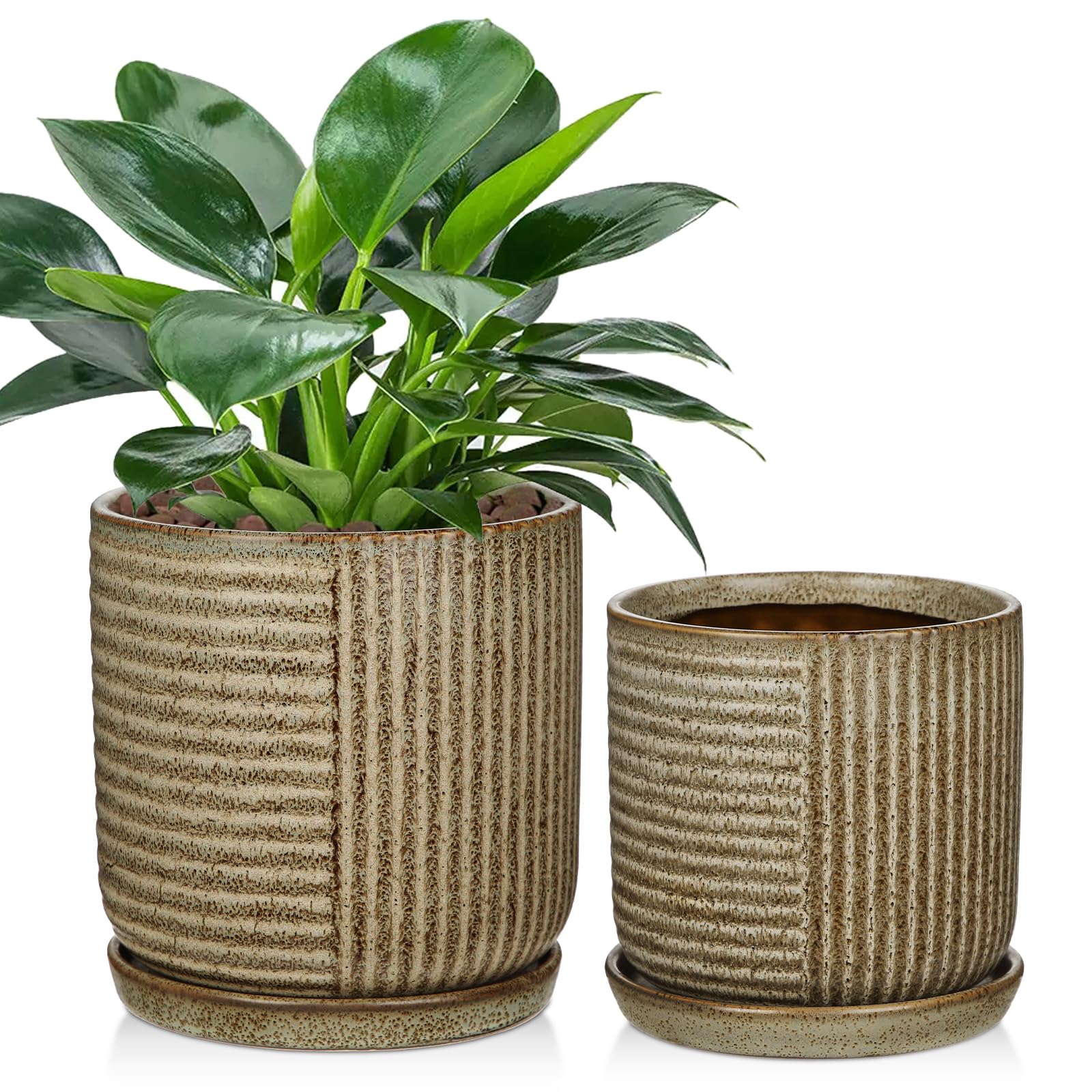 Oairse 2er-Set Bonsai Keramiktopf Bonsaischale mit Entwässerungslöchern für Japanische Bonsai Zimmerpflanzen, Retro-Dekoration für Gartenbehälter-Sets im Freien, Durchmesser Öffnung 22cm