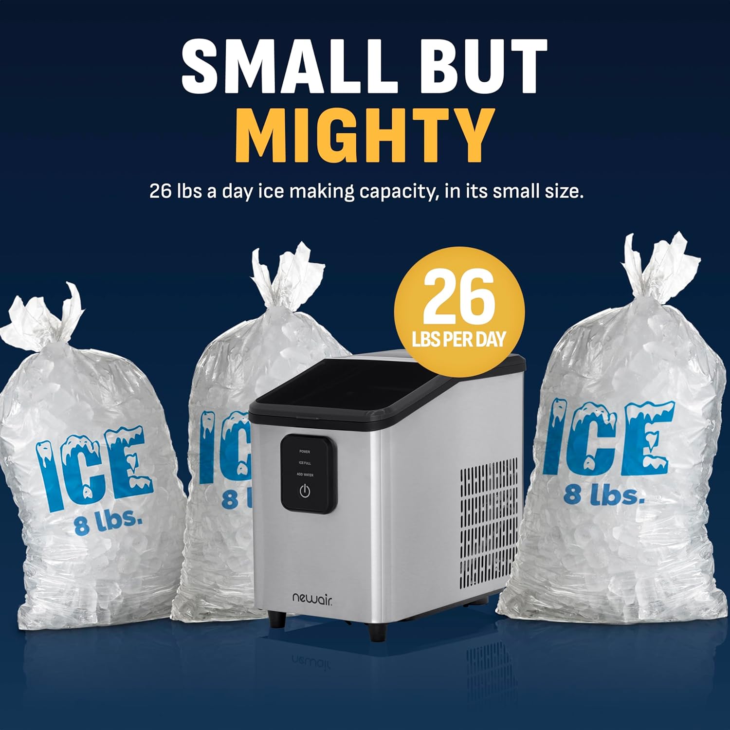 Newair Mini Bullet Ice Maker Countertop | 26 lbs/Day Portable Ice Machine | Space-Saving Ice Maker for Home, Office & RV | Stainless Steel
