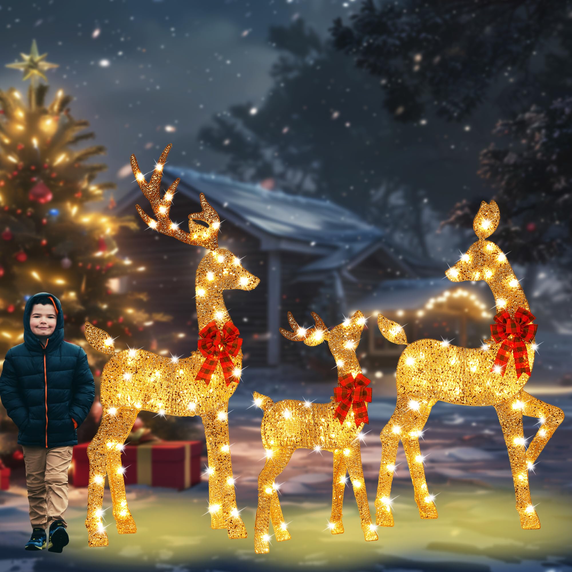 HbSpacstial 48 Inch 2.5D Gold Lighted Christmas Deer Decorations 3-Piece Outdoor Holiday Decorations Reindeer Set with 145 Warm White LEDs, Large Yard Display for Garden, Storefront — image 1
