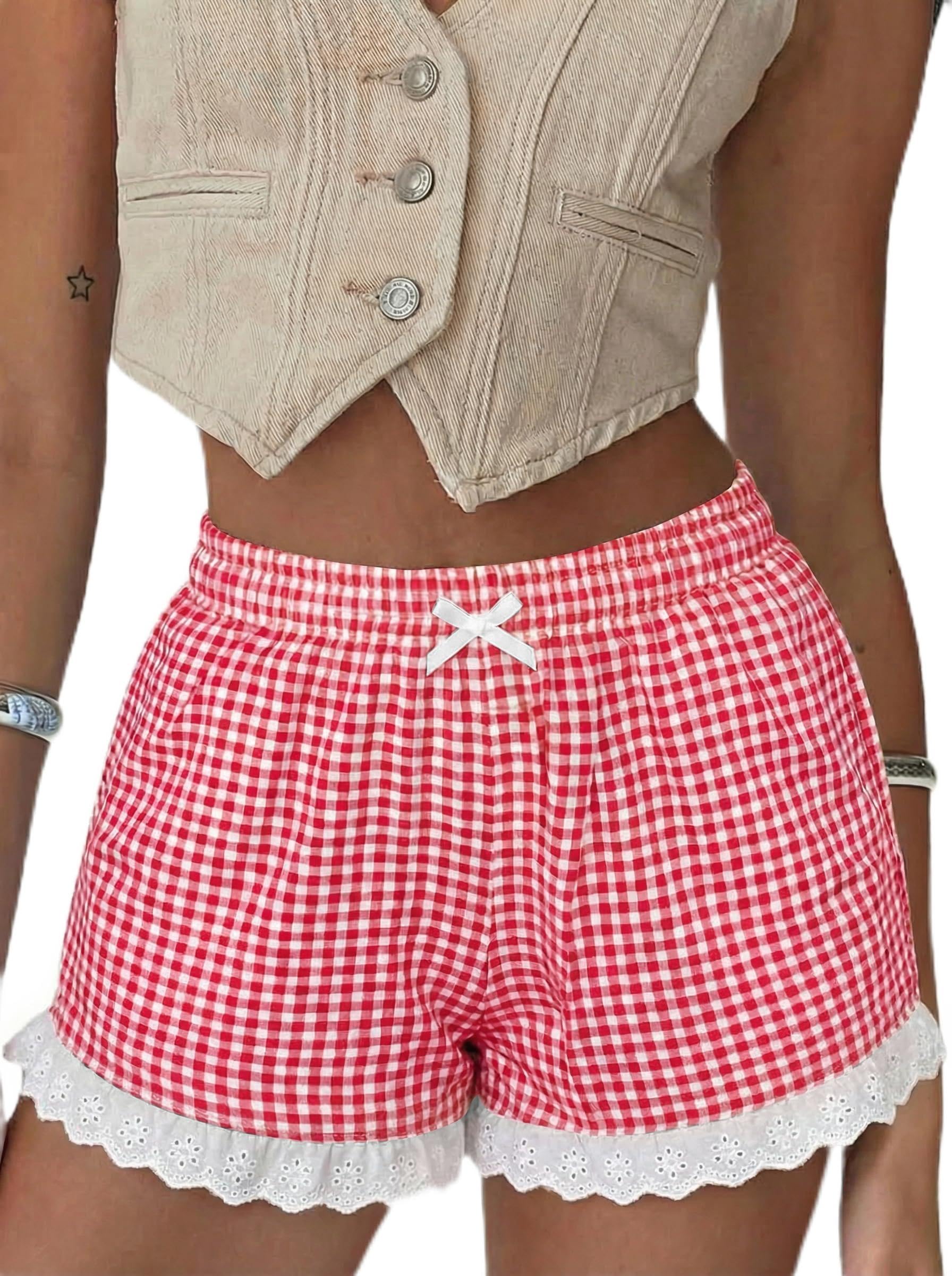 Boxer Shorts Gingham Shorts Y2K Beach Bottoms | Plaid Shorts Y2K Pajama Bottoms Two Pockets