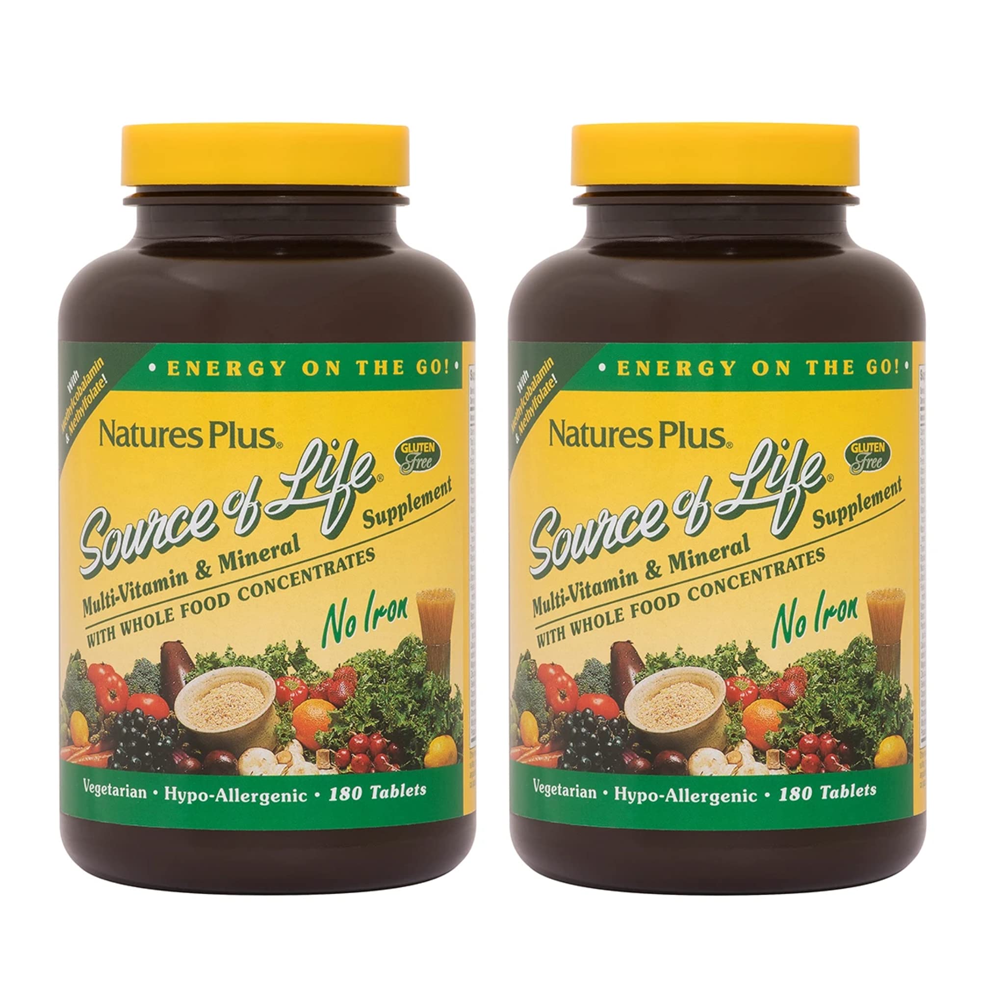 NaturesPlus Source of Life No Iron - 180 Tablets, Pack of 2 - Multi-Vitamin & Mineral Supplement - Supports Natural Energy...