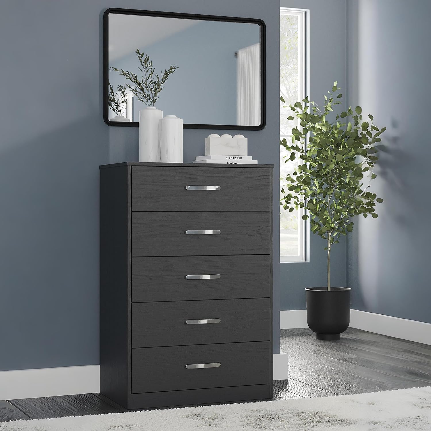 Signature Design by Ashley Finch 5 Drawer Chest of Drawers, Black Dresser | Matte black engineered wood, 5 smooth-gliding drawers for vertical bedroom storage, Compact 30 inch space-saving footprint