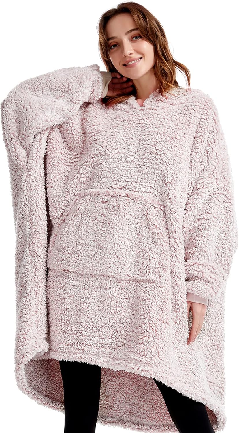 Cozy Sherpa Wearable Snuggle Blanket Hoodie for Adults Women Men Kids Gift Idea,Oversized Blanket Sweatshirt,Super Warm Light Weight, Pink
