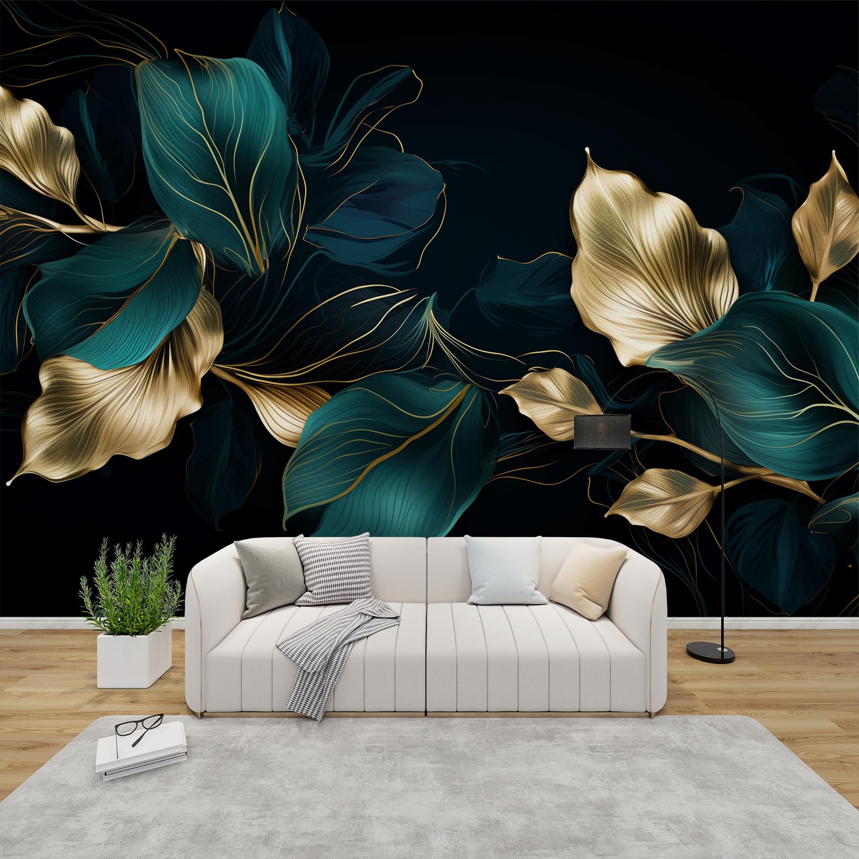 AevuCub Leaf Mural Wallpaper for Living Room Bedroom Decor - Emerald Green and Gold Wall Mural, Abstract Leaves Wall Art, Non-Woven Photo Wallpaper 3D Effect, 400x280 cm