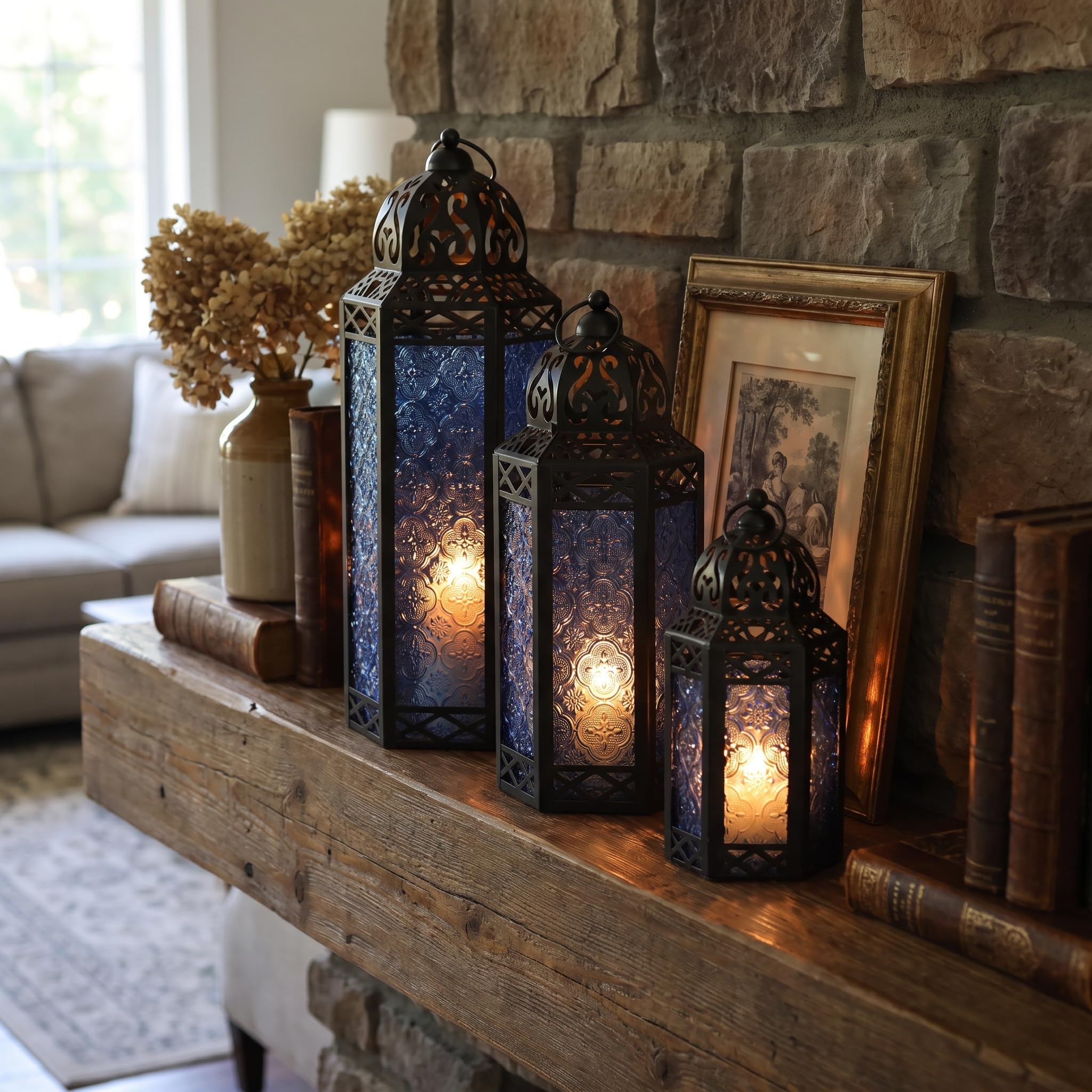 Vela Lanterns Juego de 3 faroles portavelas marroquíes Decorativos para Suelo, decoración de Ramadán, decoración Interior del hogar, Patio al Aire Libre o Porche, Bodas, Cobalto