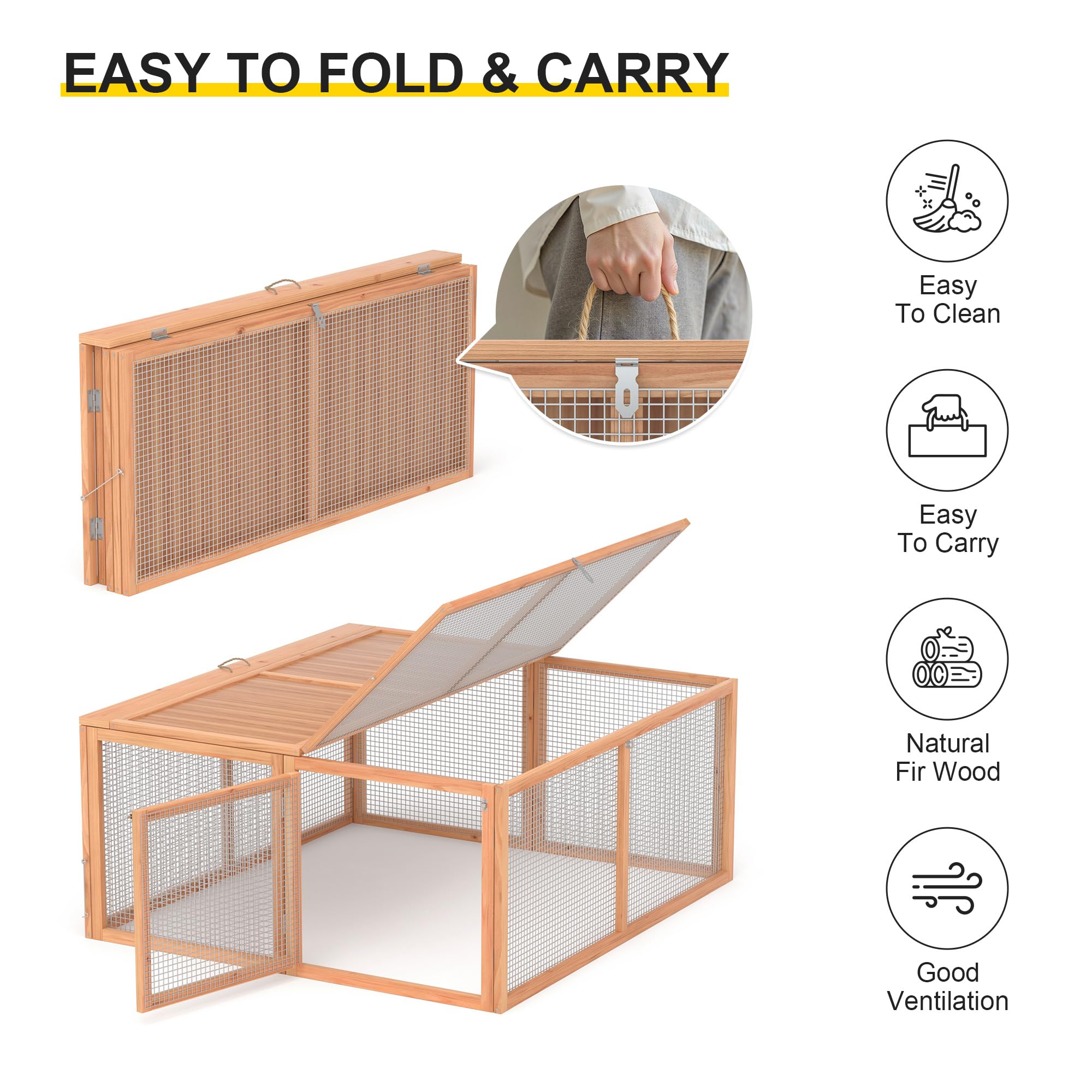 Gallinero, conejera de madera plegable para interiores y exteriores, con asa, portátil, con puertas de apertura superior y lateral, corral para animales pequeños, sin montaje, jaula para aves de
