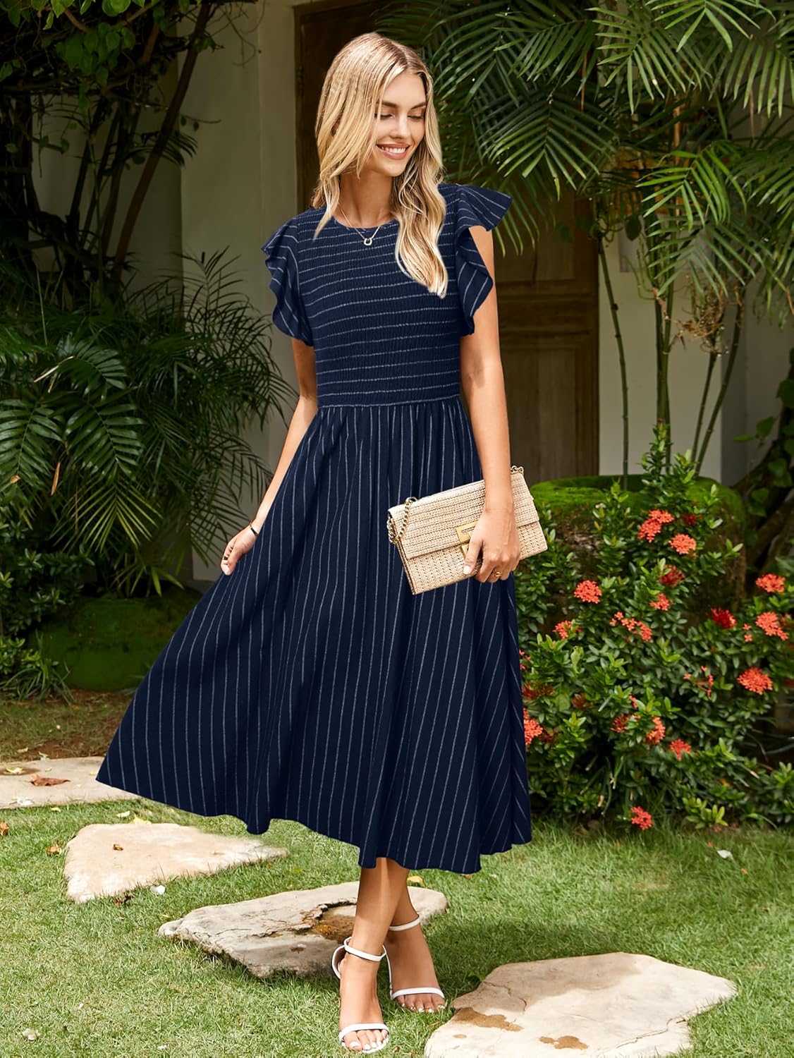 Simplee Womens Striped Midi Summer Dress Linen Smocked Flutter Short Sleeve Dress Flowy Casual Dress with Pockets - Image 2