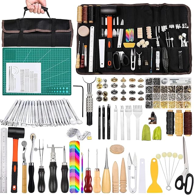 Leather Craft Kits, Leather Tool Set with Manual, Leather Craft Tool with Groover, Leather Stamping Tools, Waxed Thread, Awls for Leather Working, Sewing, Leather Craft Making