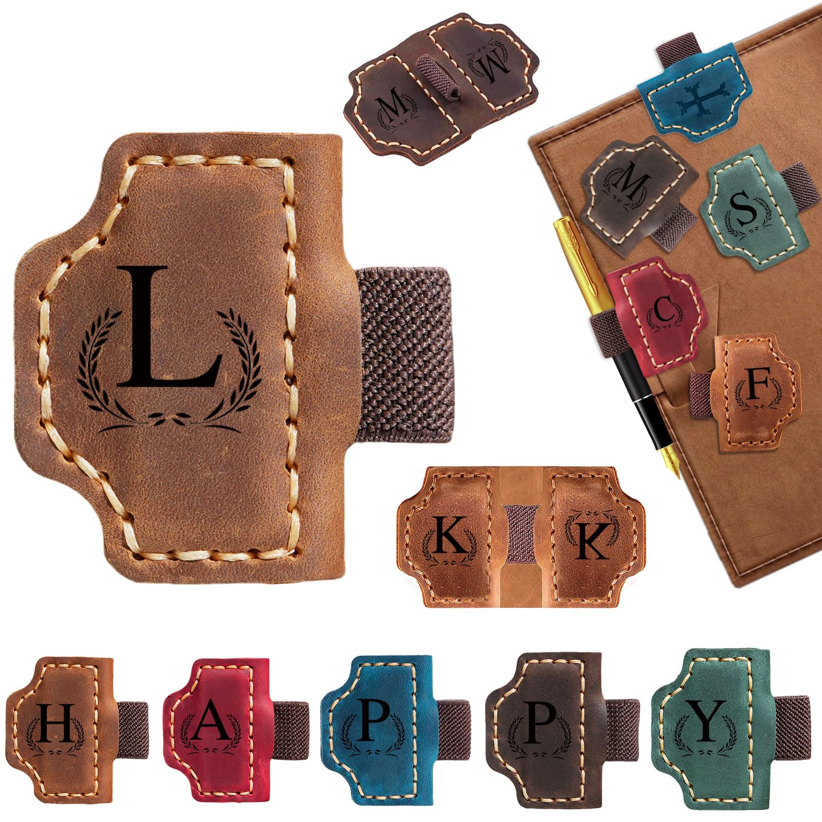Custom Bygone Mark Bookmark with Pen Holder, 26 Letters Name Initial Personalized Magnetic Leather Bookmark, Gifts for Book Lovers, Readers, Travelers