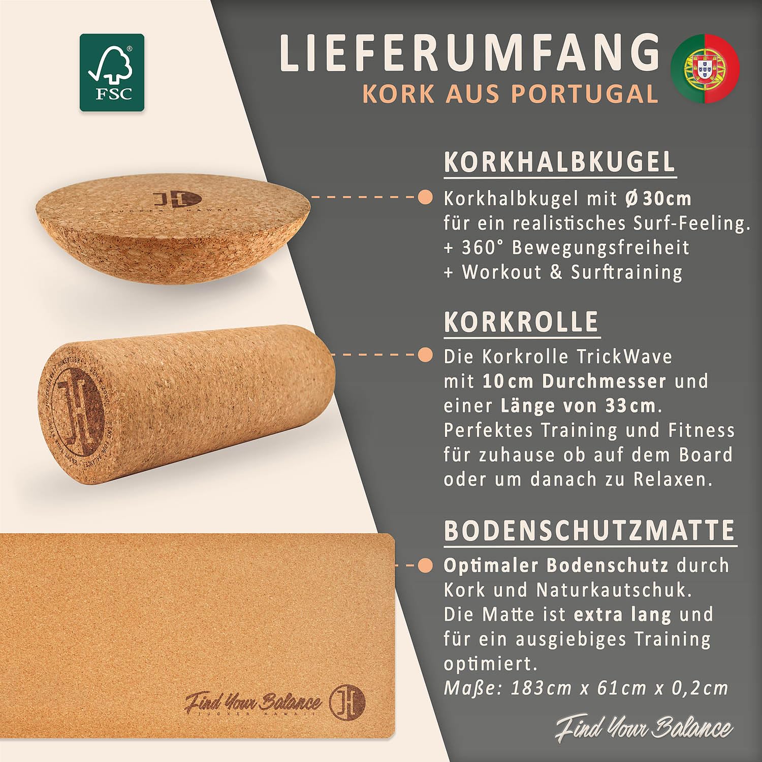 JUCKER HAWAII Balance Boards - Trick & Surf Balanceboard (100% Echtholz) mit extra rutschfester Oberfläche - Find Your Balance