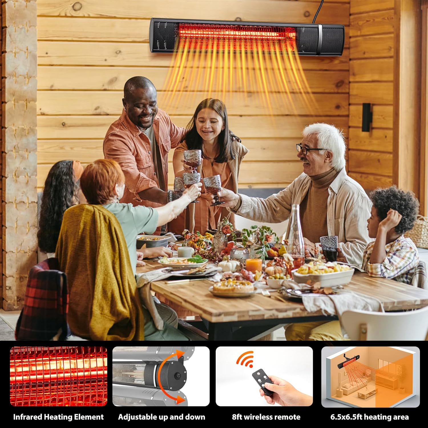 1500-Watt Wall Mounted Electric Infrared Patio Heater, Adjustable power 500/100/1500 Watts, Outdoor Use, Remote Control, IPX4