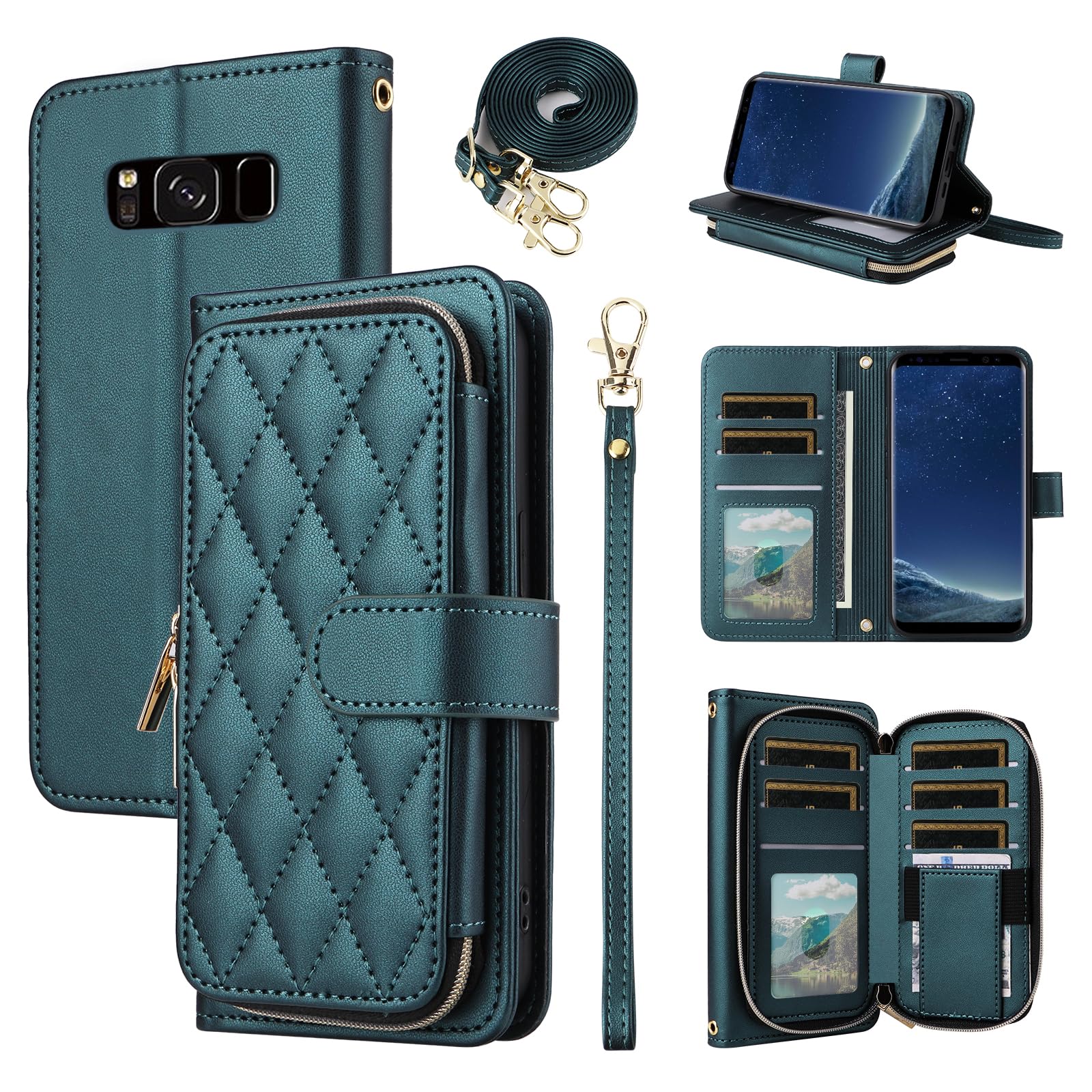 Furiet Argyle Wallet Case for Samsung Galaxy S8 Active with Wrist Strap Shoulder Strap, 9+ Card Slots Zipper Purse Luxury Stand Checkered Cell Phone