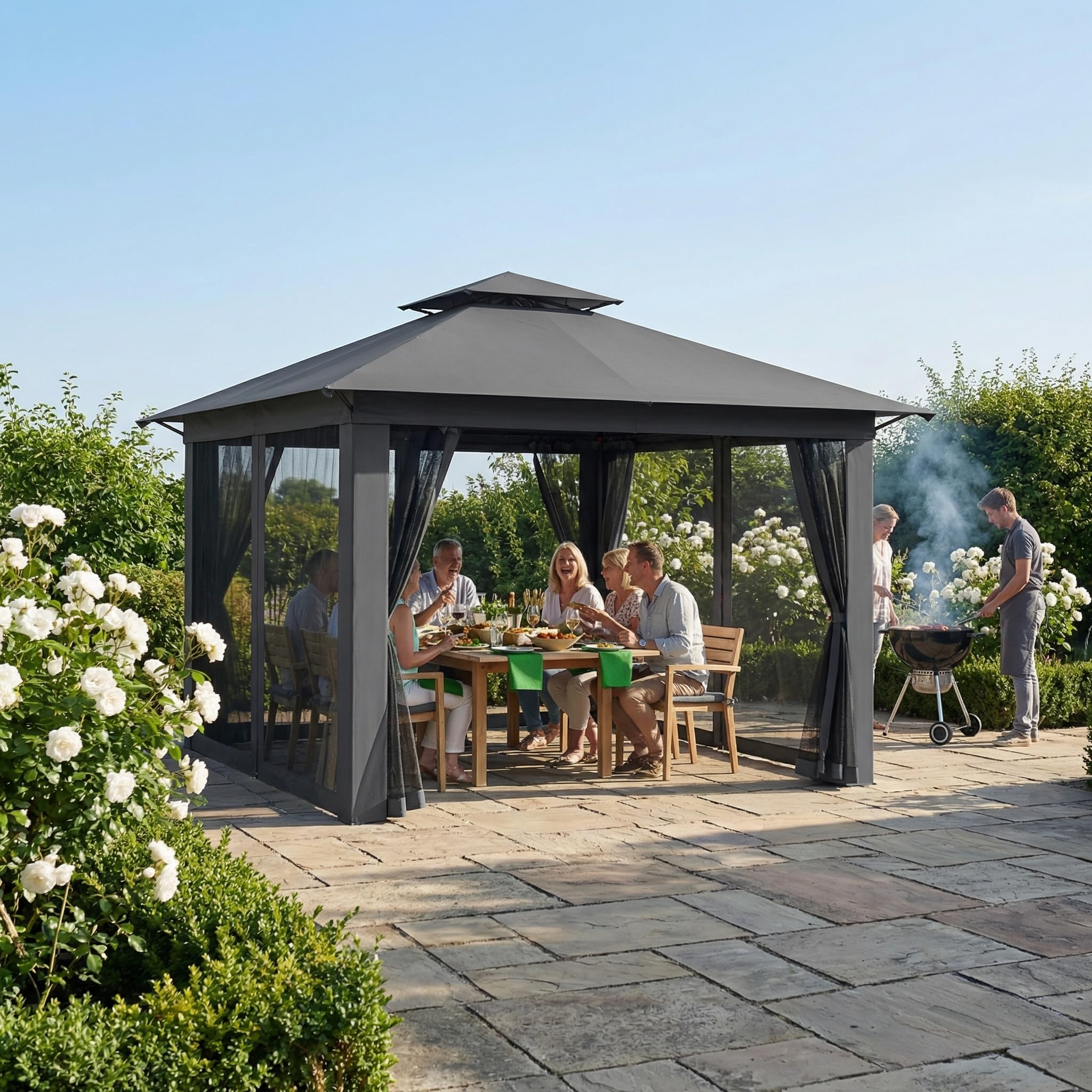 3x3m Gartenpavillon, Pop-up Gartenlauben mit 4x4m Doppeldach & 4 Moskitonetzen & Tragetasche mit Rollen, 3-Stufen Höhenverstellbar Faltpavillon für Garten Grillpartys (Anthrazit)