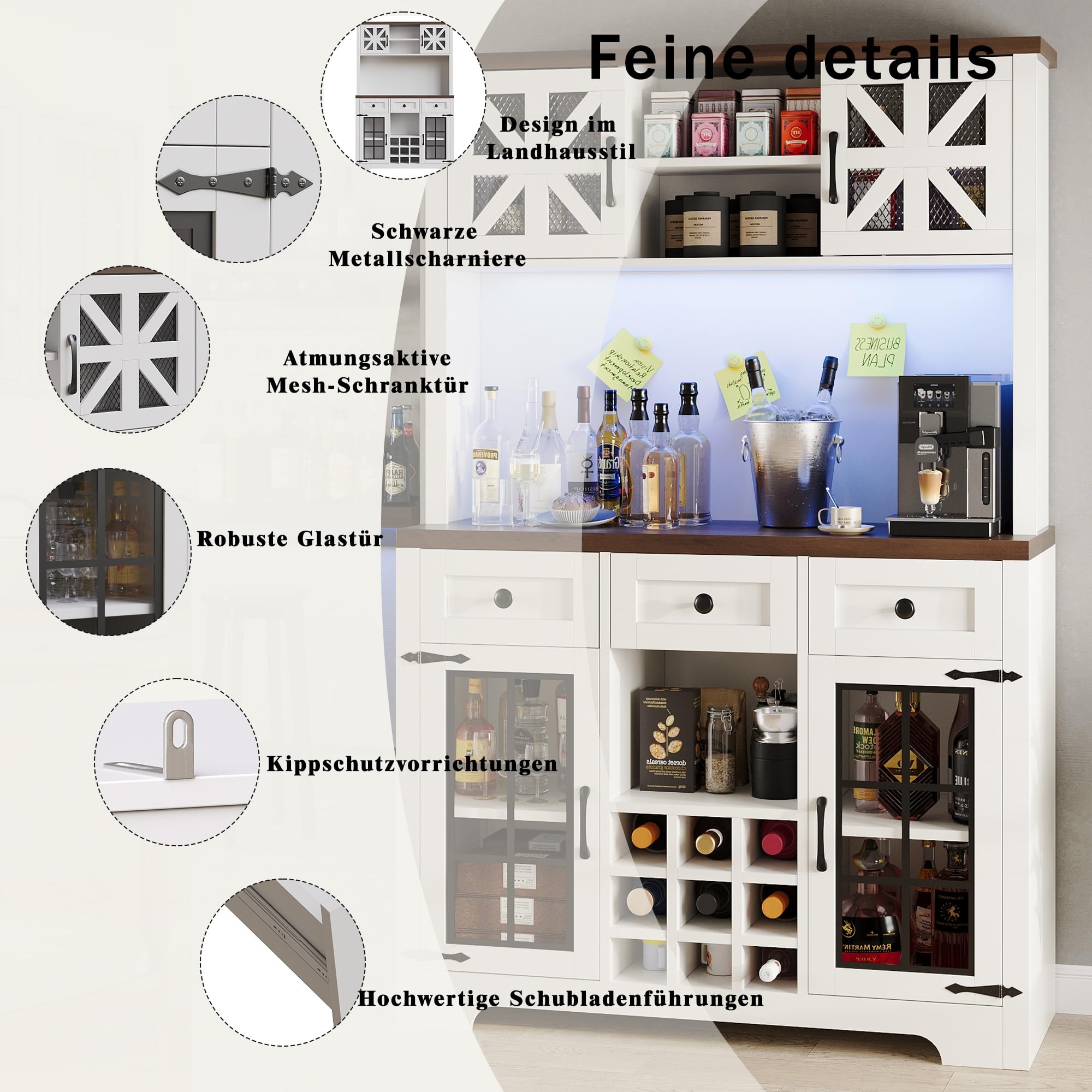 Hochschrank, Küchenschrank mit Smart LED Beleuchtung, fürs Wohnzimmer, Seitenschrank mit Weinregal und Kippsicherung, Verstellbare Einbauregale