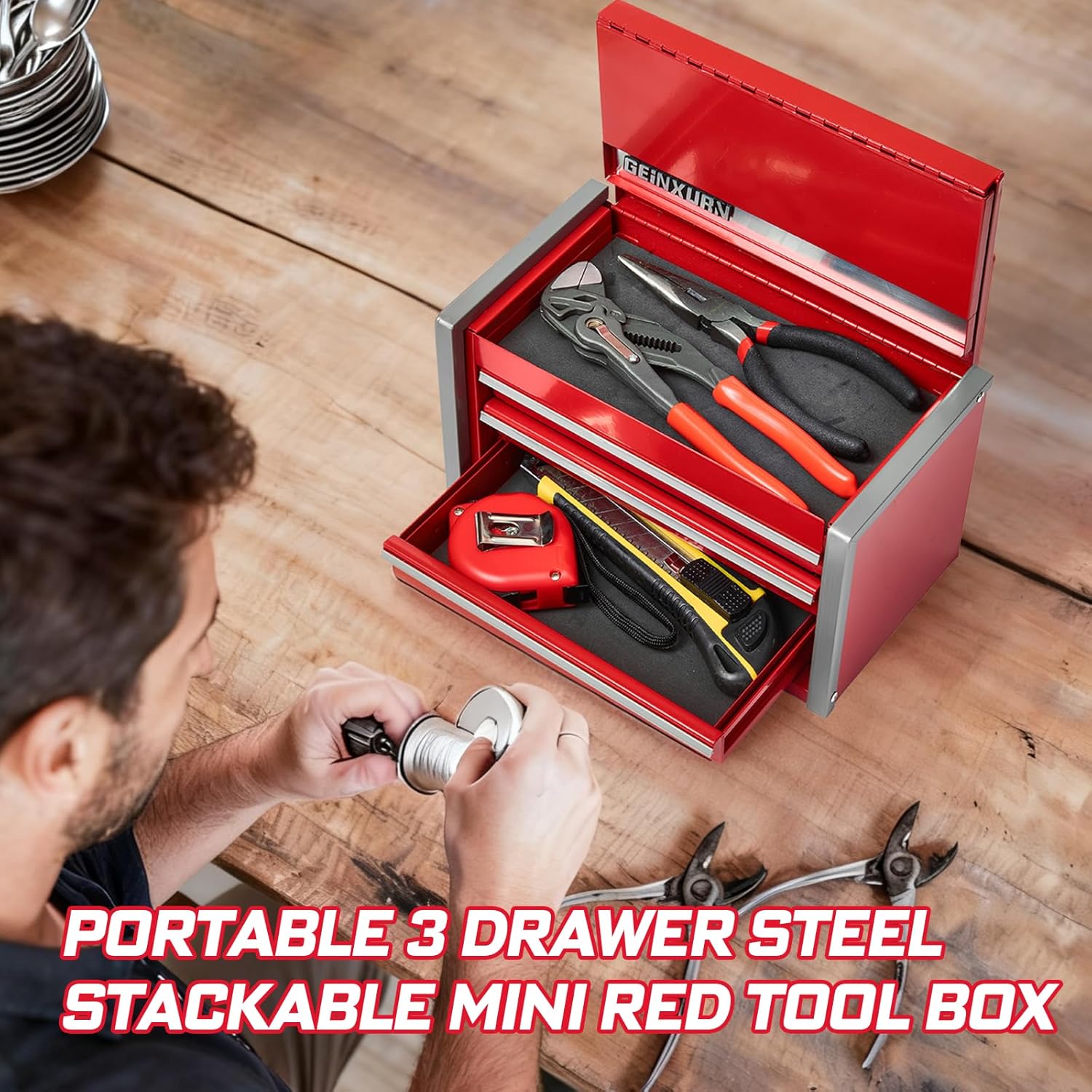 Geinxurn 3-Drawer Rolling Red Tool Box, Heavy Duty Micro Roll Cab Steel Stackable Tool Chest with Lockable Drawers, Large Capacity Tool Cabinet for Garage, Workshop, Truck