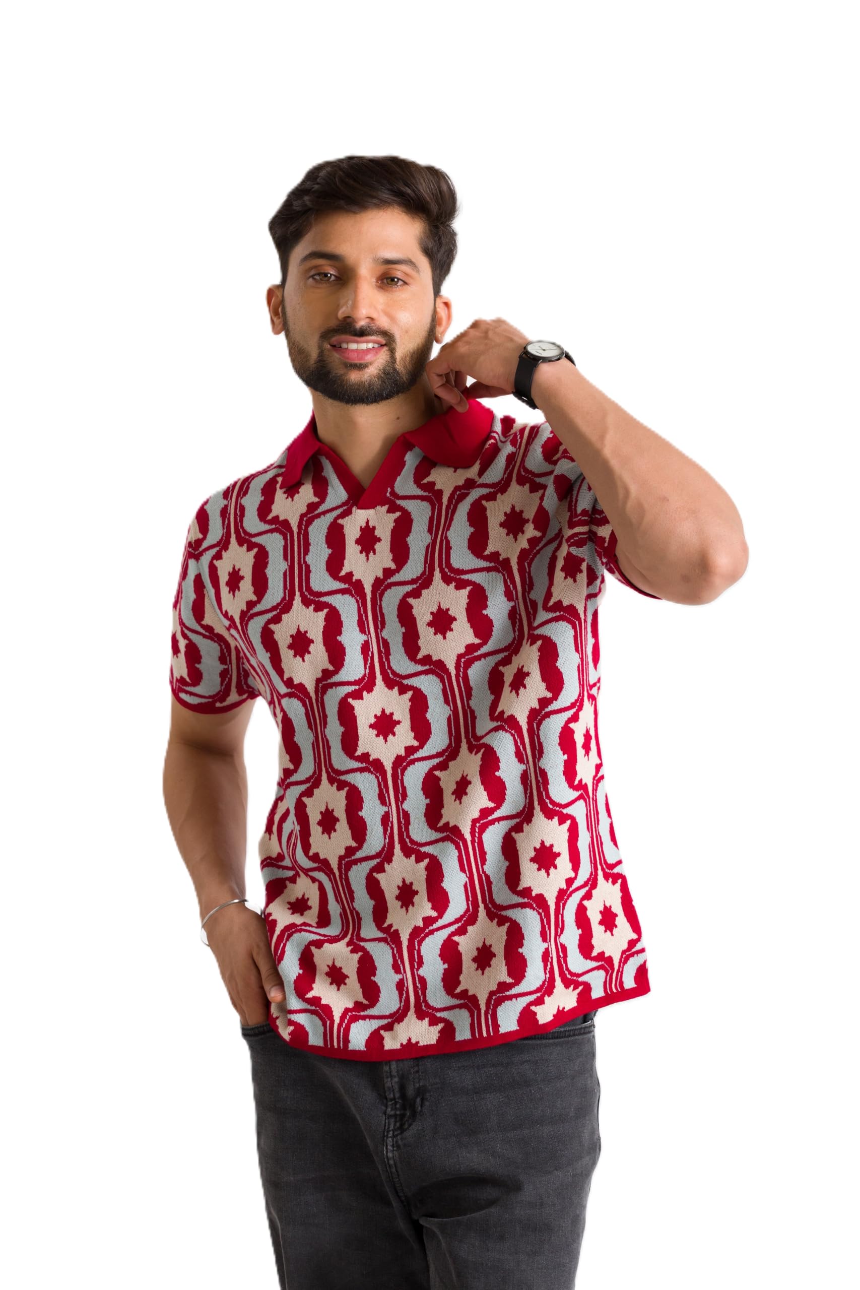 stile-vita, not just fashion a way of living Red Jacquard Polo T-Shirt for Men | Textured Pattern Collared Half Sleeve Casual Cotton Blend Polo Tee | Regular Fit-picture-44