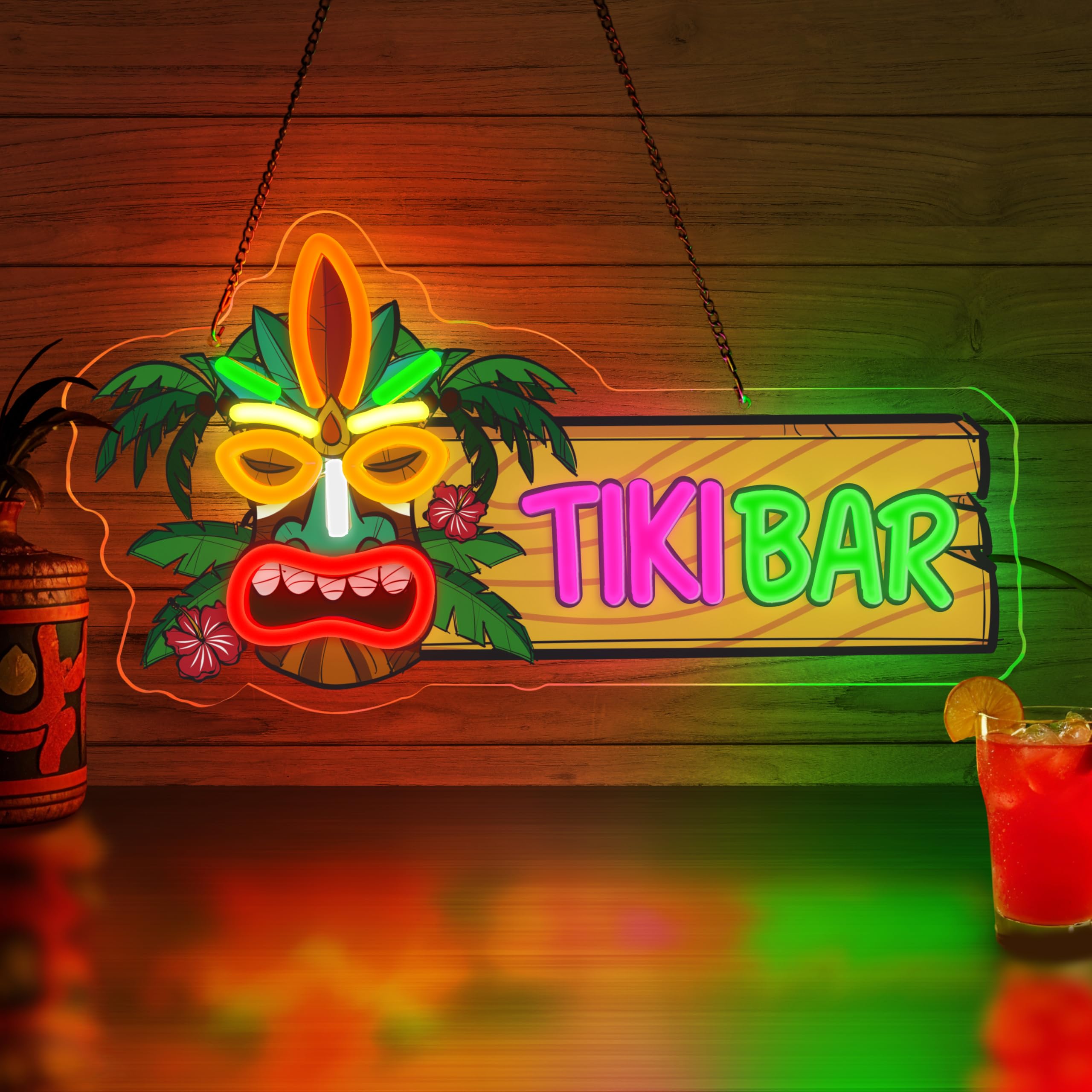 Panneau néon Tiki Bar à intensité variable pour Aloha Hawaï Tropical Anniversaire Alimenté par USB pour décoration de fête hawaïenne Luau