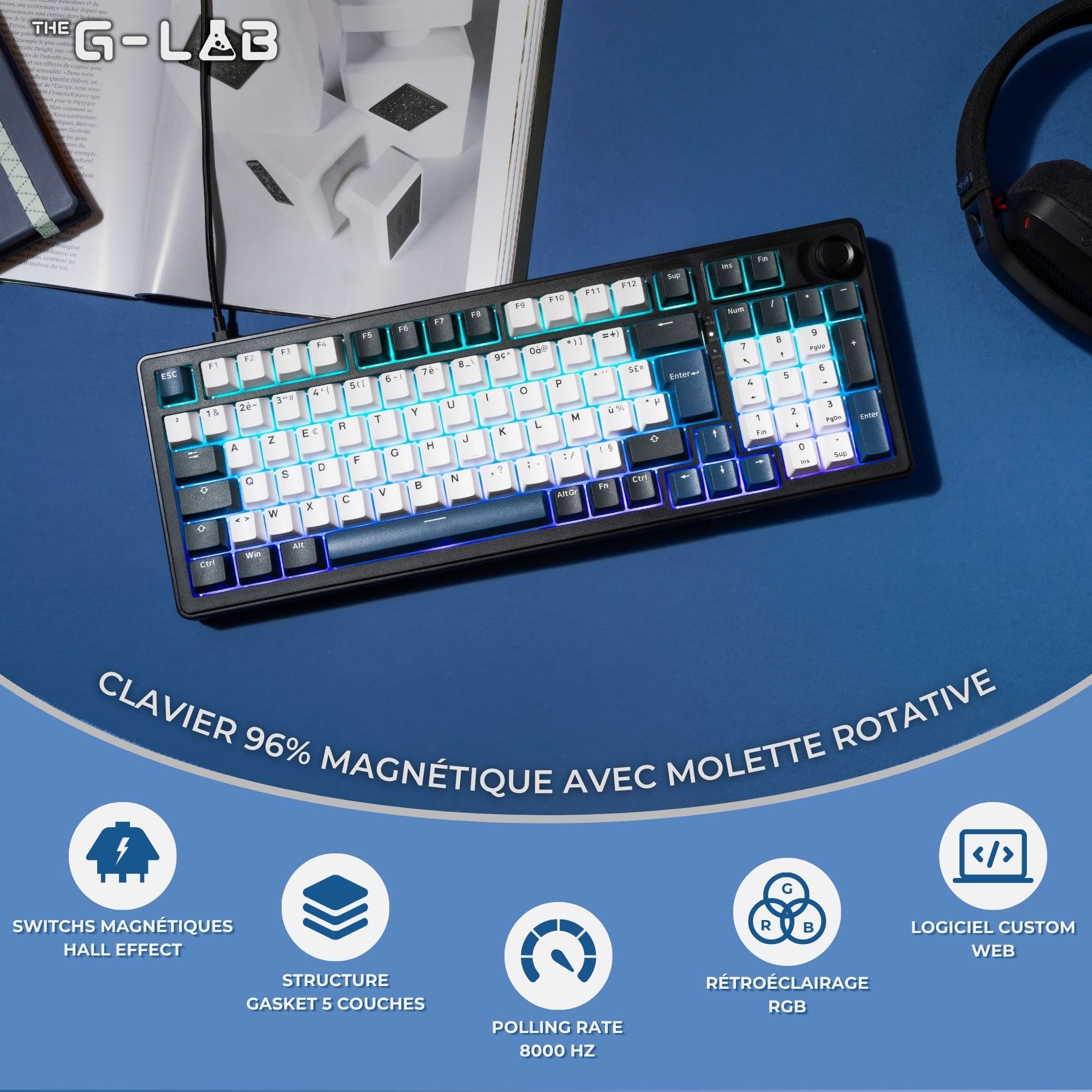The G-Lab - KEYZ Elite 400 HE BB - Magnetyczna Klawiatura Gamingowa Hall Effect 96% AZERTY FR, Przewodowa USB, 8000 Hz Rapid Trigger, Regulowana Aktywacja 0,01 mm, PBT Hot-Swap, RGB i Makra - Win/Mac