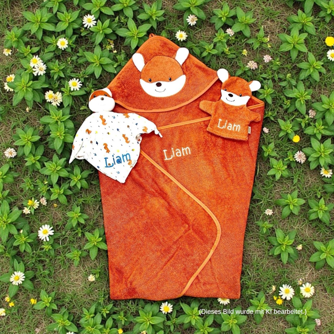 Generisch Geschenkset Fuchs Filou, Kapuzenhandtuch 100x100cm, Spiel-Waschhandschuh und Schmusetuch - mit Name aufgestickt, rostrot