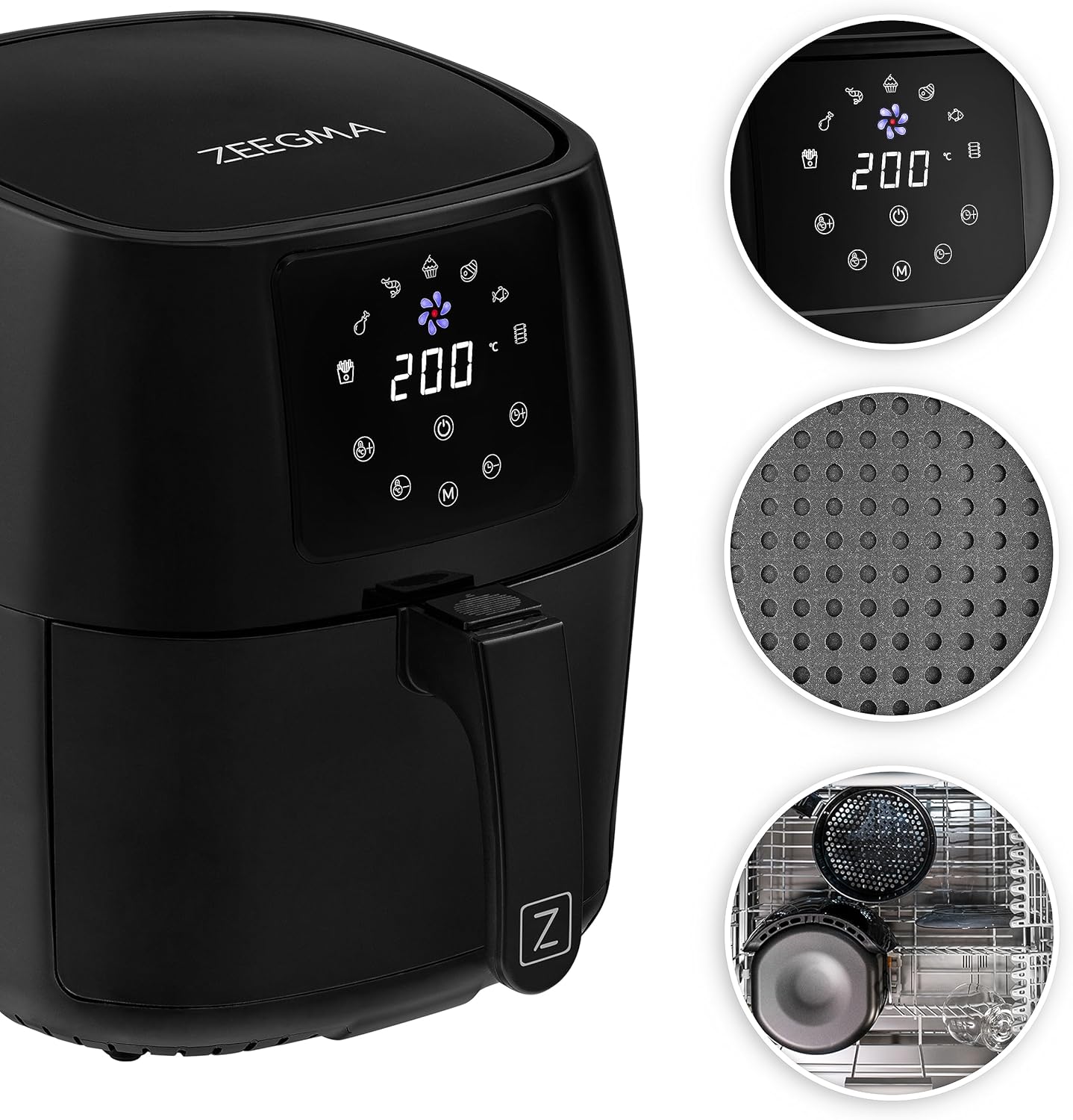 ZEEGMA Knapper Pro friggitrice senza olio 1400W, Temperatura 60-200°C, Tempo di riscaldamento 60s, Cestello e ciotola di grande capacità, Rivestimento in teflon, 8 programmi, Lavabile in lavastoviglie