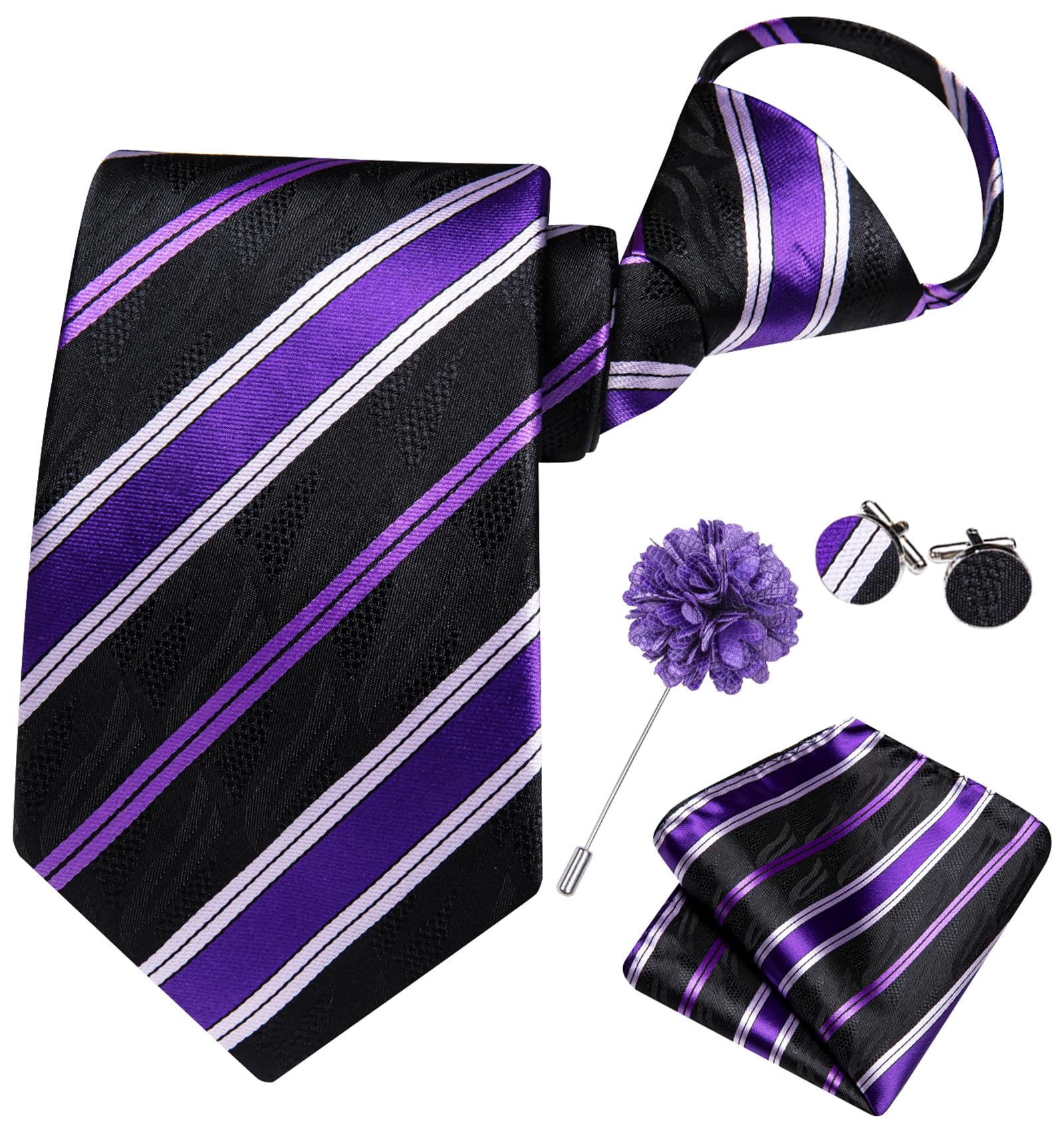 Hi-Tie Zipper Ties for Men Pre-tied Tie Set Lapel Pin Pocket Square and Cufflinks Formal Business Wedding Adjustable Necktie