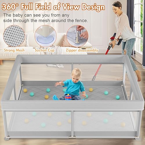 Miniatura 4 de Omzer Corralito para bebés con tapete de 71 x 59 pulgadas corralito grande para bebés y niños pequeños, corralito de juego de seguridad para