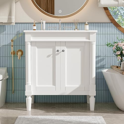 Merax 30" Bathroom Vanity with Ceramic Sink - White Freestanding Vanity with Storage Cabinet & Soft-Close Doors